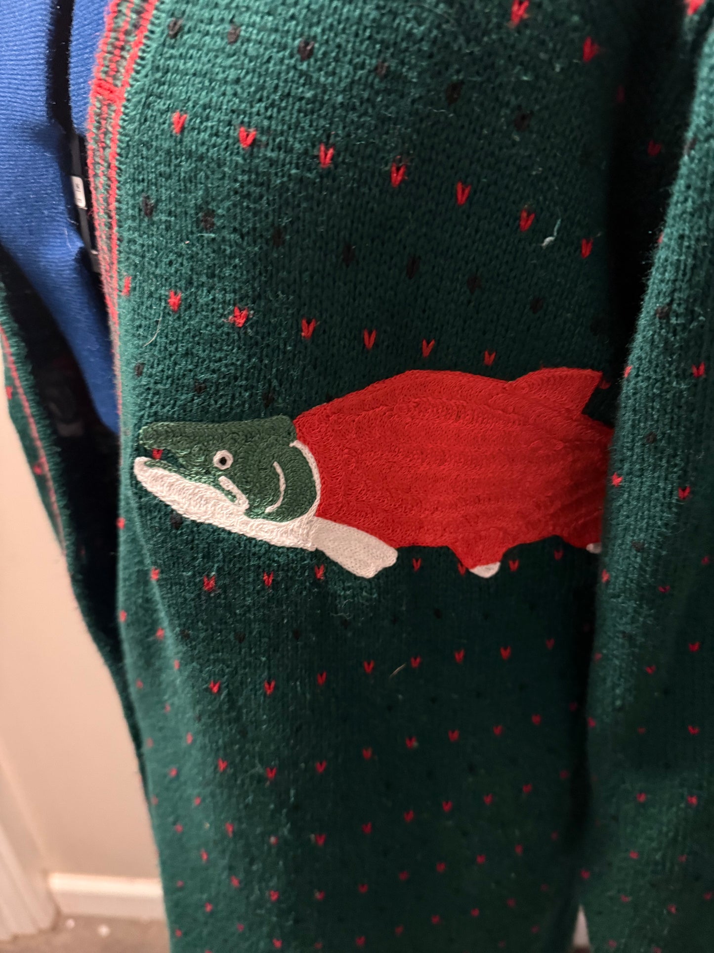 Sockeye Salmon Sweater Vintage Green, Red, Black Oversized Button-Up Cardigan