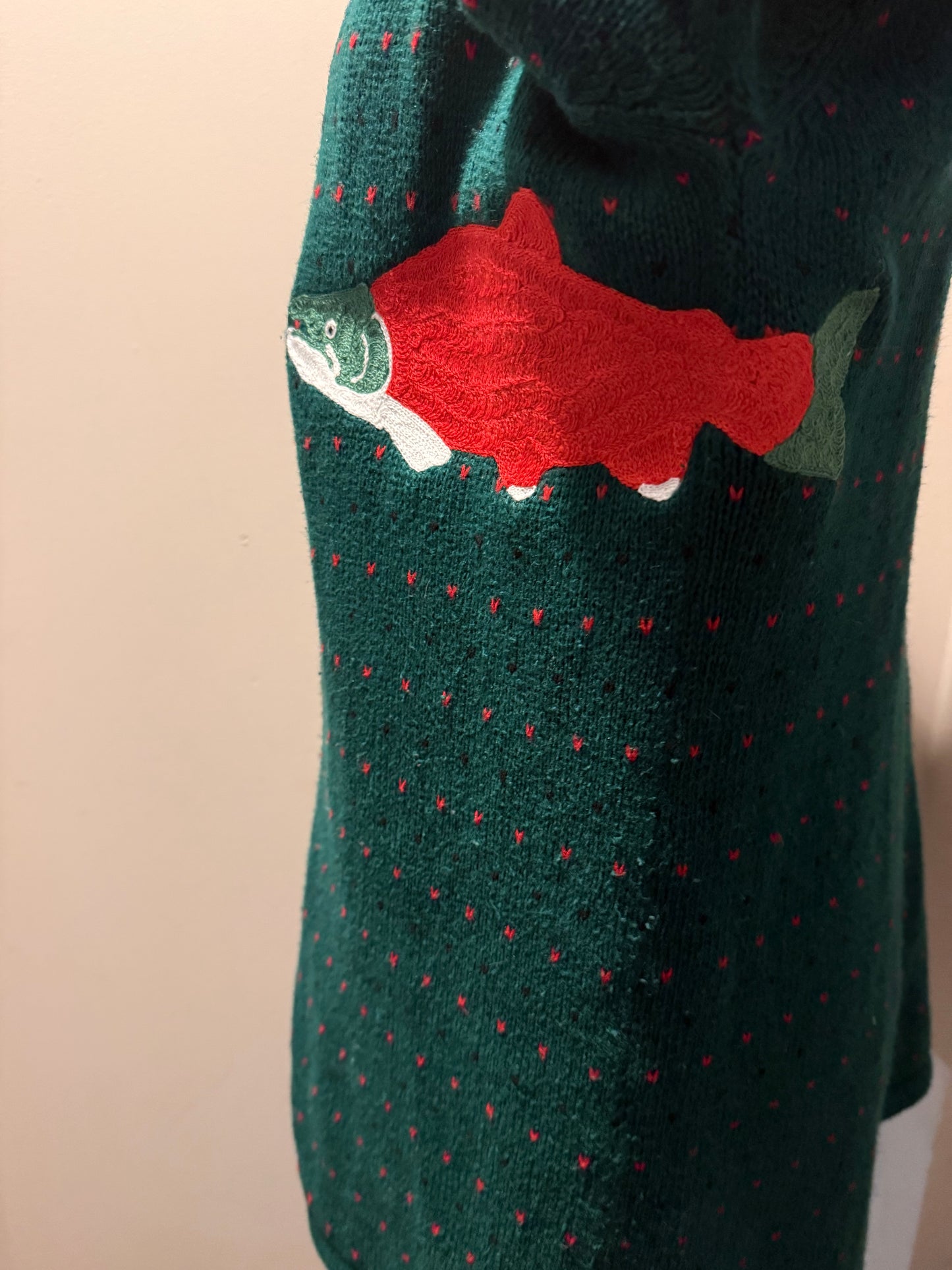 Sockeye Salmon Sweater Vintage Green, Red, Black Oversized Button-Up Cardigan