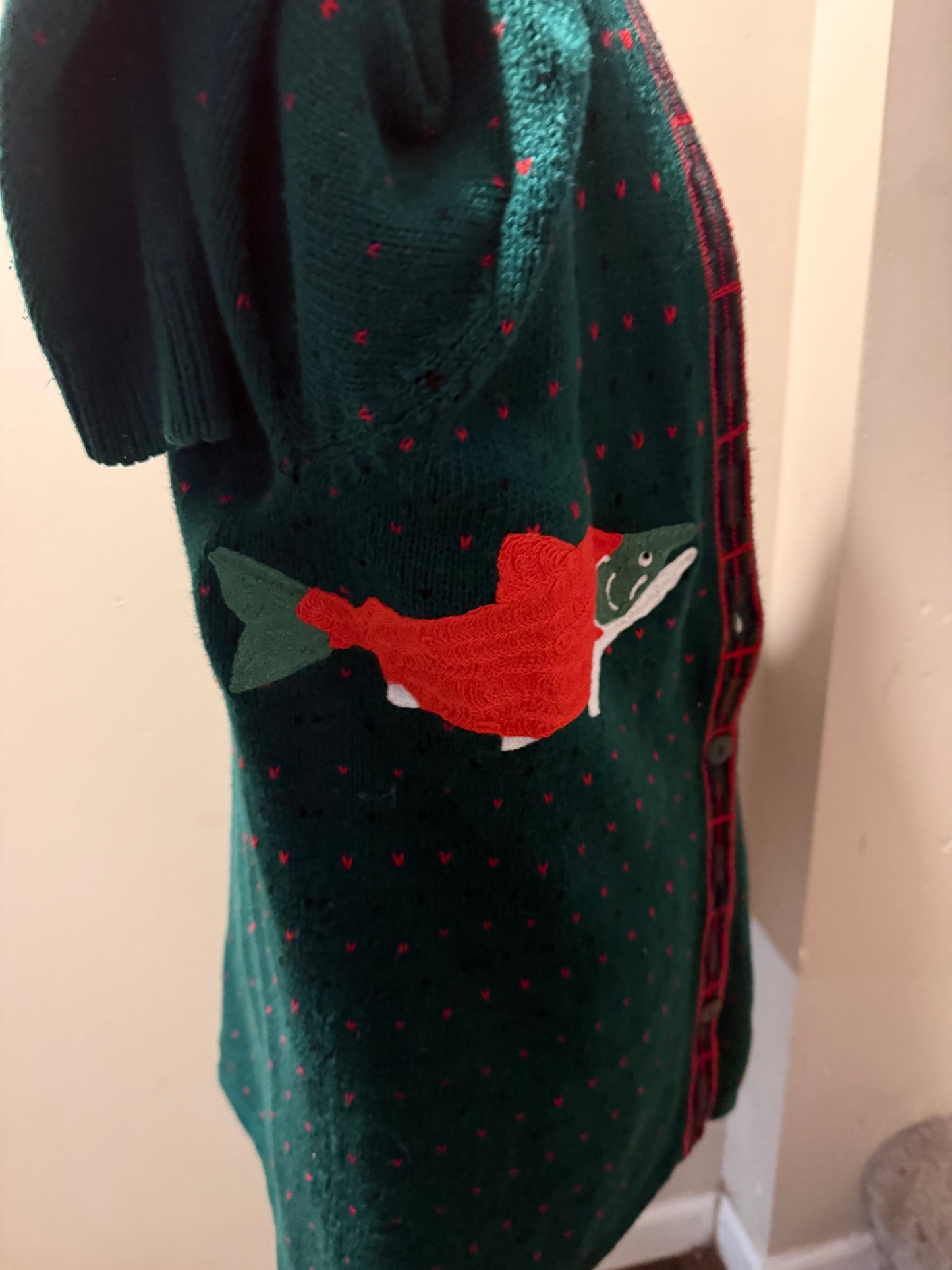 Sockeye Salmon Sweater Vintage Green, Red, Black Oversized Button-Up Cardigan