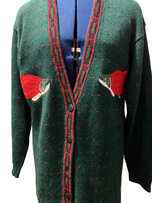 Sockeye Salmon Sweater Vintage Green, Red, Black Oversized Button-Up Cardigan