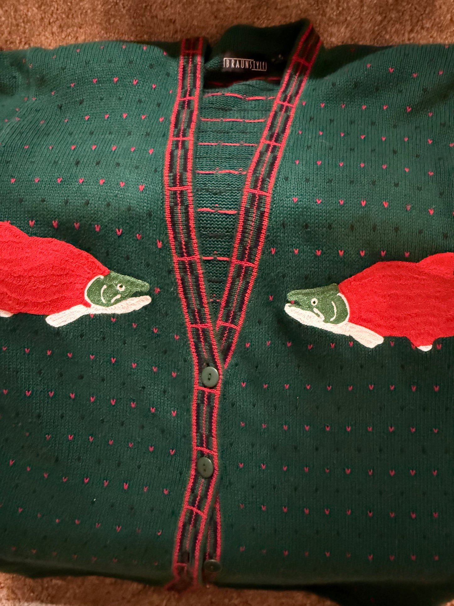 Sockeye Salmon Sweater Vintage Green, Red, Black Oversized Button-Up Cardigan