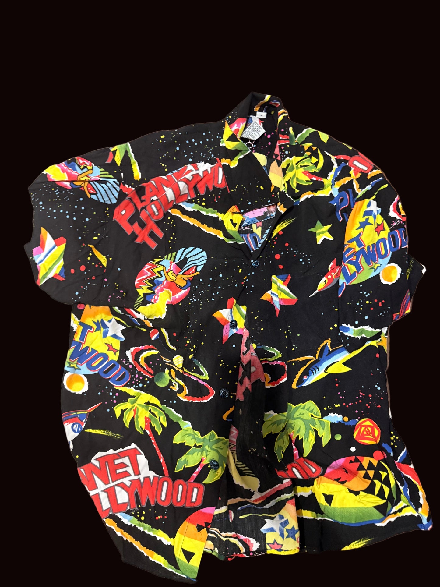 VTG Planet Hollywood Button S/S Rayon Shirt All Over Print Hawaiian