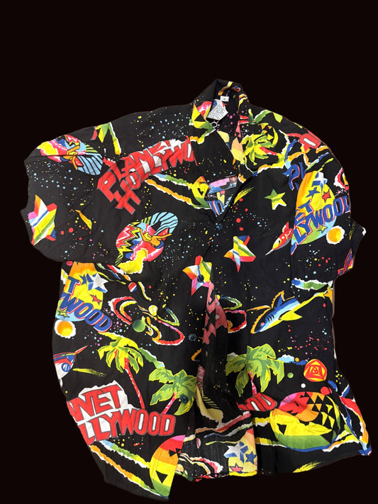 VTG Planet Hollywood Button S/S Rayon Shirt All Over Print Hawaiian