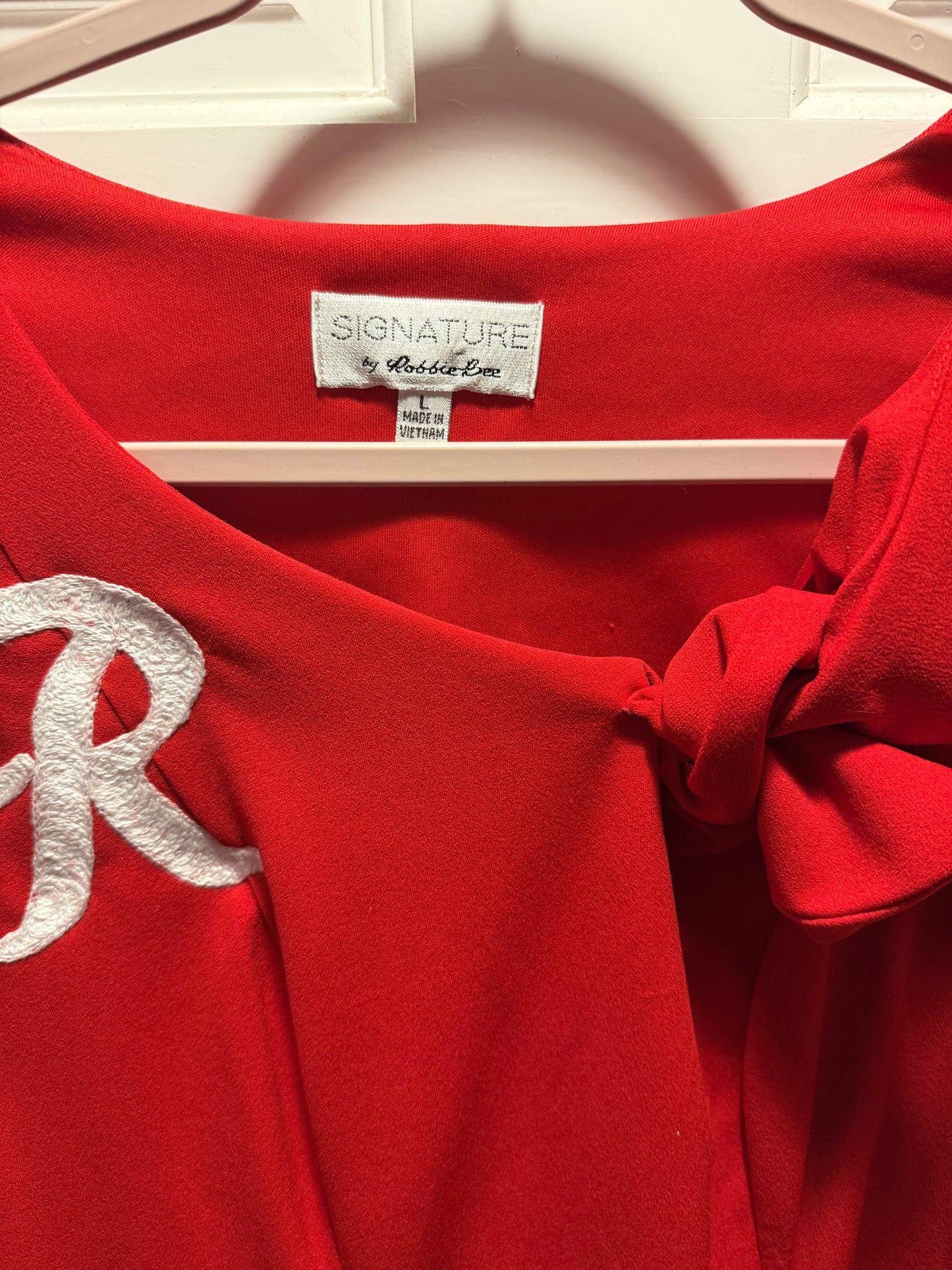 Rainier R Red Knee Length Dress with Neckline Bow