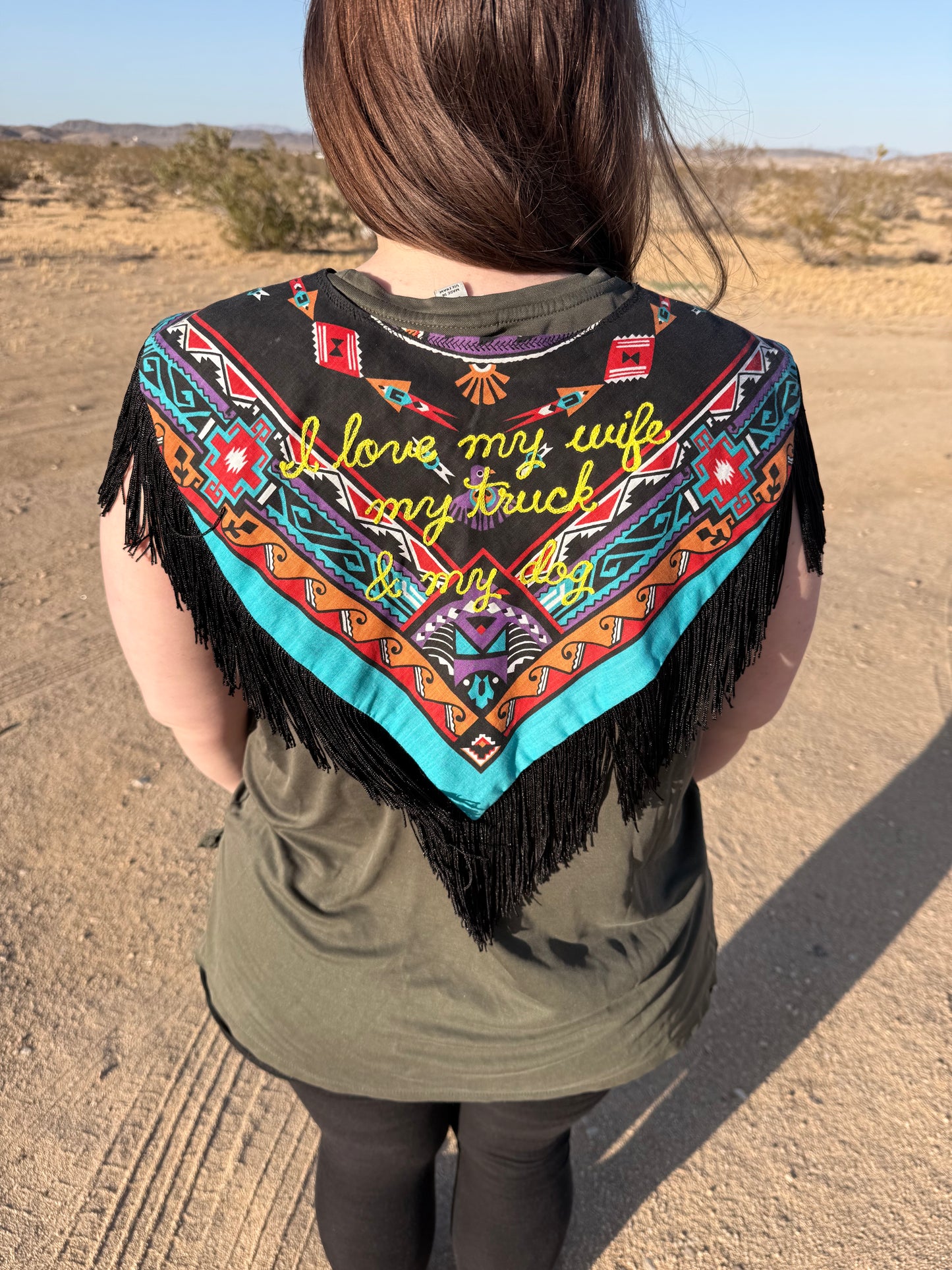 "I love my wife, my truck, & my dog" Vintage Concho, Beaded + Fringe Western Bandana
