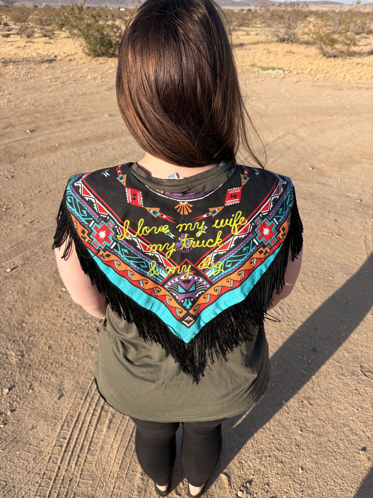 "I love my wife, my truck, & my dog" Vintage Concho, Beaded + Fringe Western Bandana