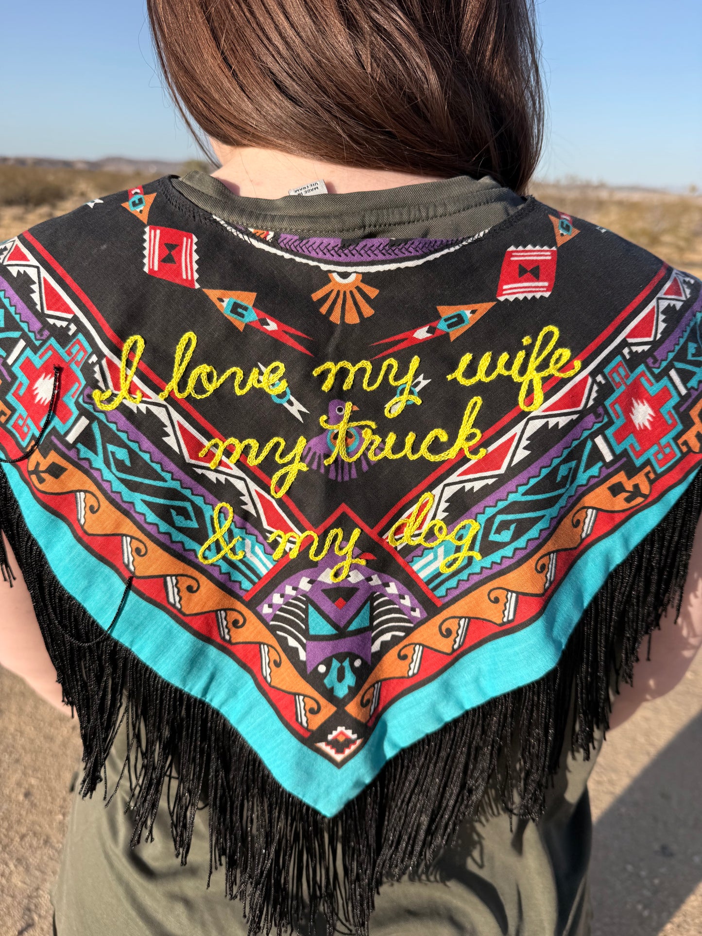 "I love my wife, my truck, & my dog" Vintage Concho, Beaded + Fringe Western Bandana