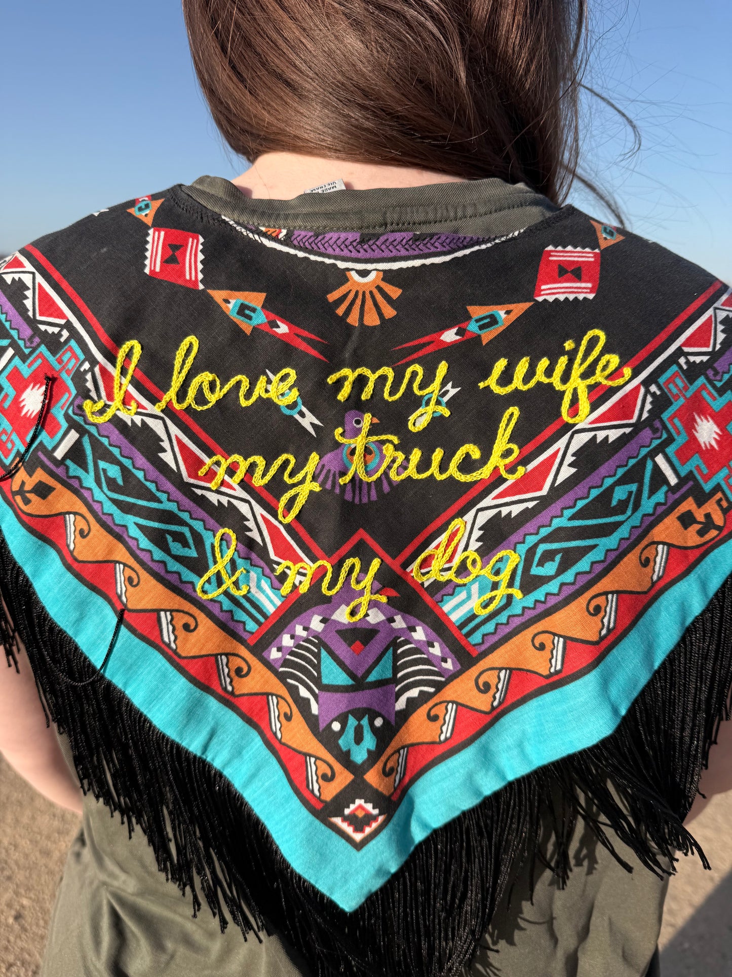 "I love my wife, my truck, & my dog" Vintage Concho, Beaded + Fringe Western Bandana