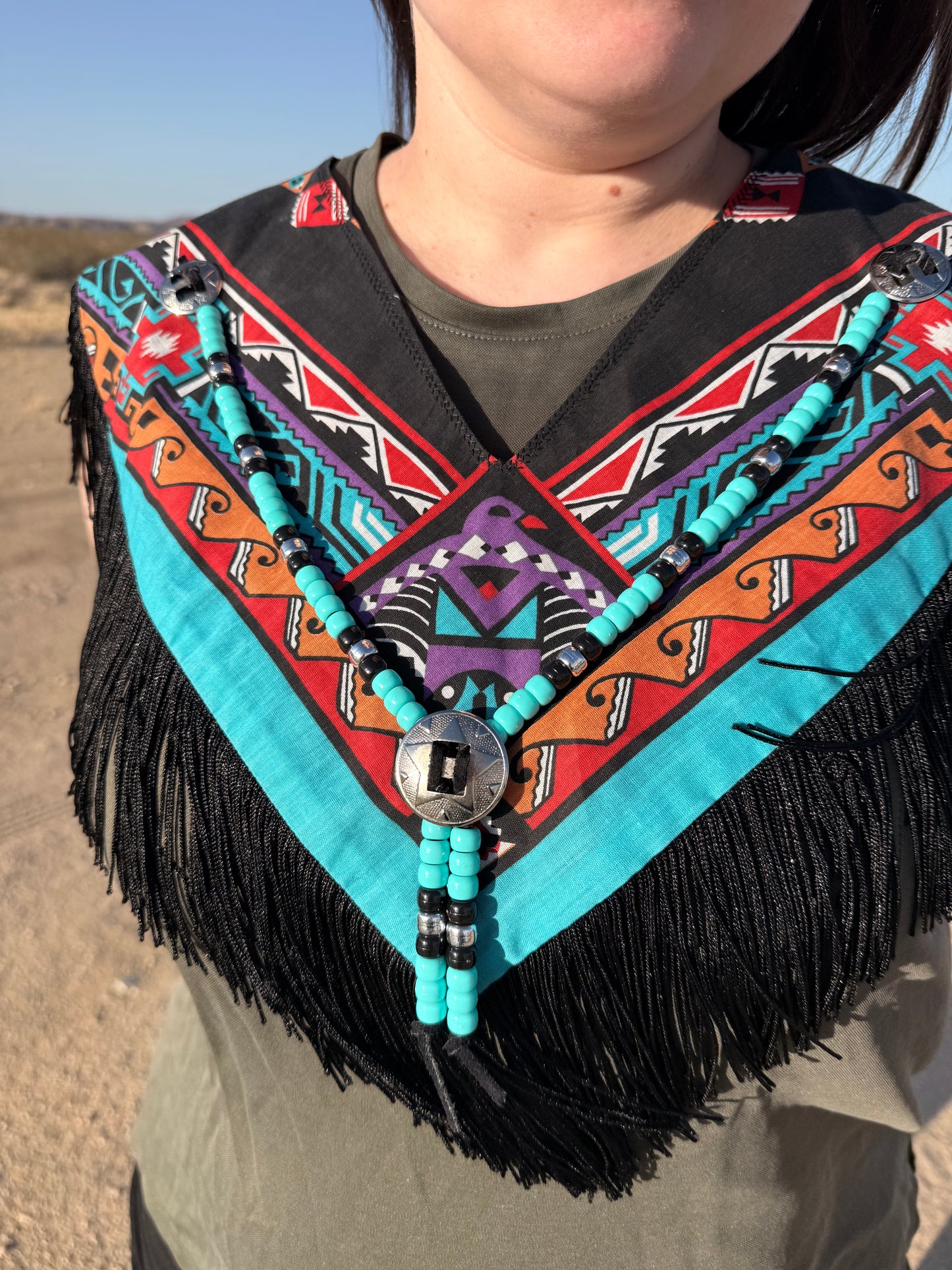 "I love my wife, my truck, & my dog" Vintage Concho, Beaded + Fringe Western Bandana