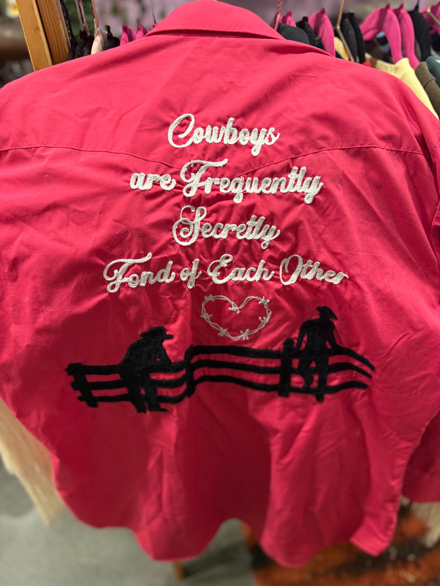 Cowboys are Frequently, Secretly Fond of Each Other Vintage Pink Pearl Snap Shirt