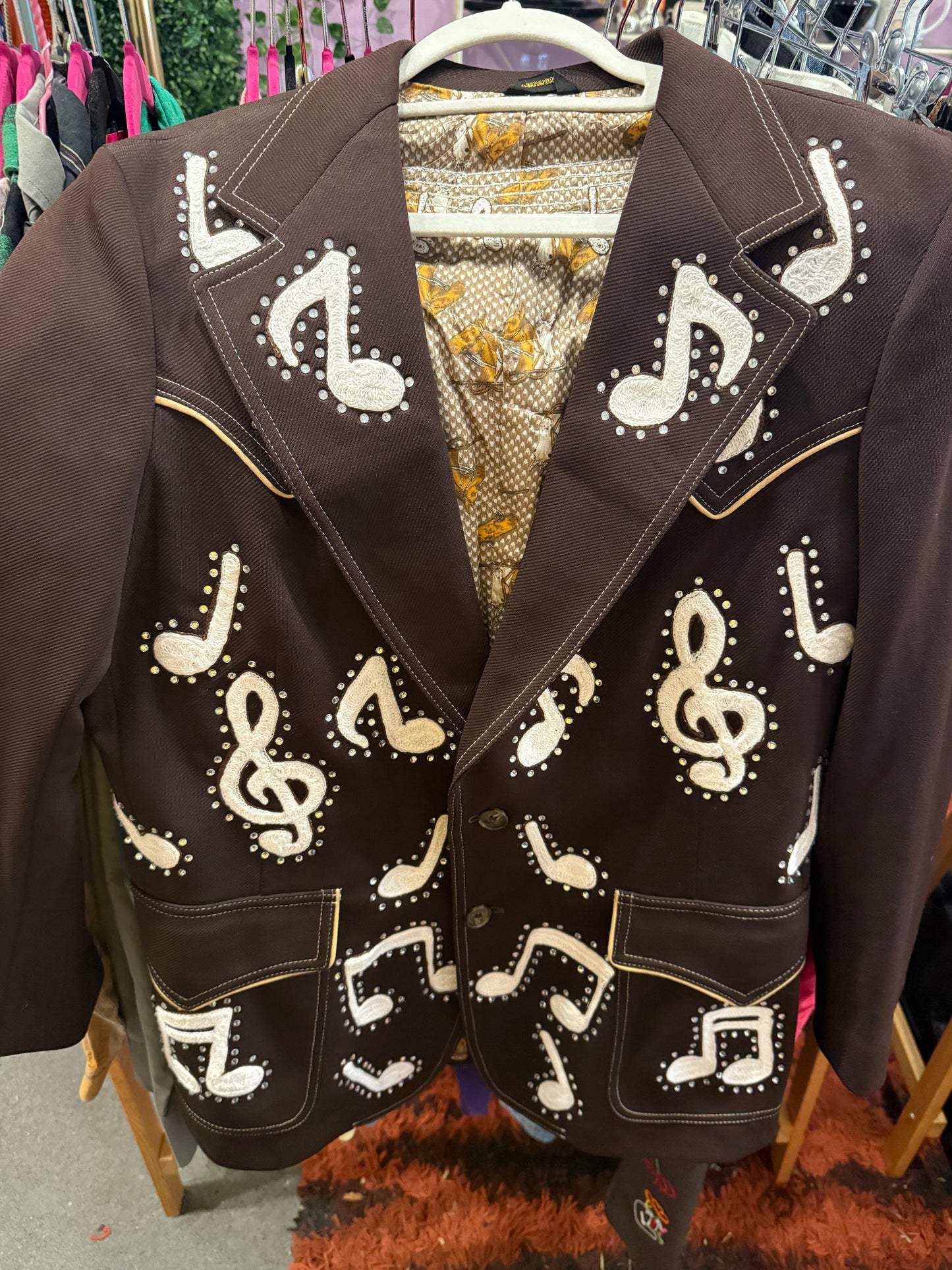 I Saw the Light! Vintage Brown Western Two-Button Blazer with Chainstitched Music Notes + Clefs
