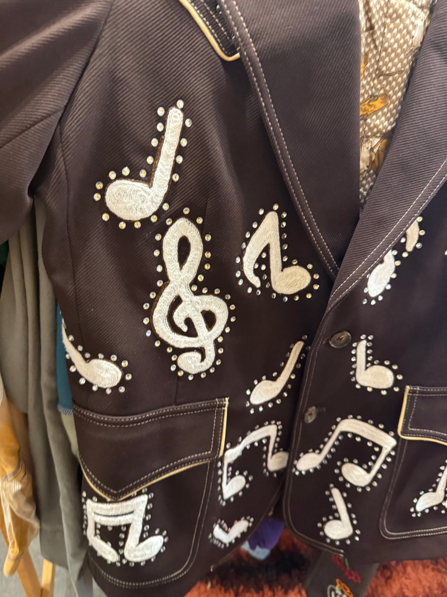 I Saw the Light! Vintage Brown Western Two-Button Blazer with Chainstitched Music Notes + Clefs