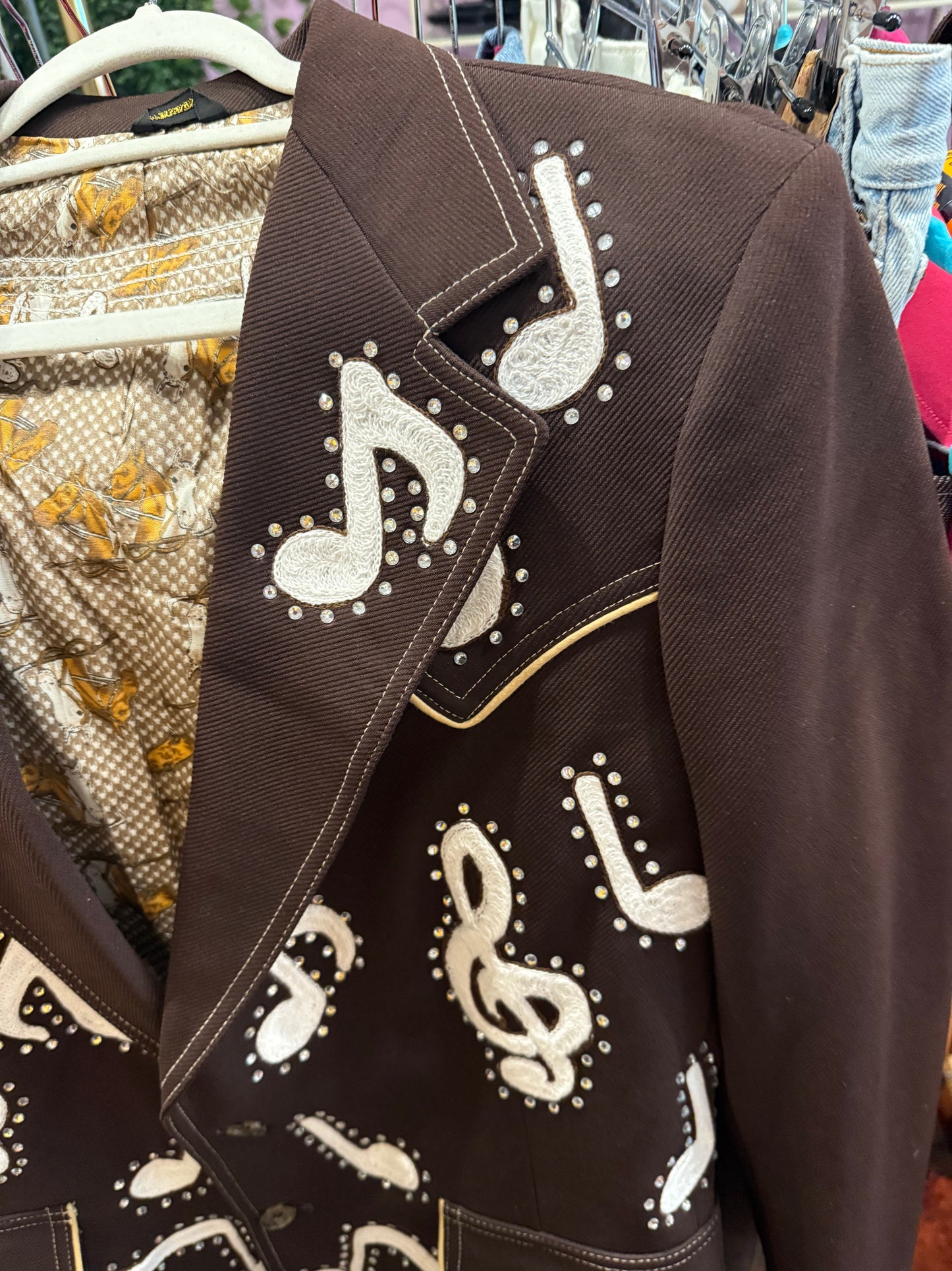 I Saw the Light! Vintage Brown Western Two-Button Blazer with Chainstitched Music Notes + Clefs
