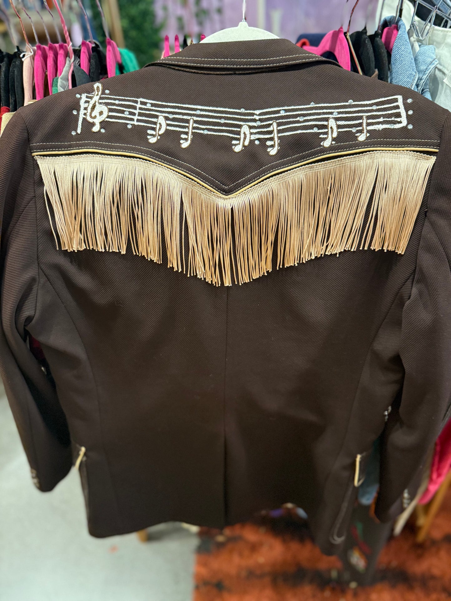 I Saw the Light! Vintage Brown Western Two-Button Blazer with Chainstitched Music Notes + Clefs