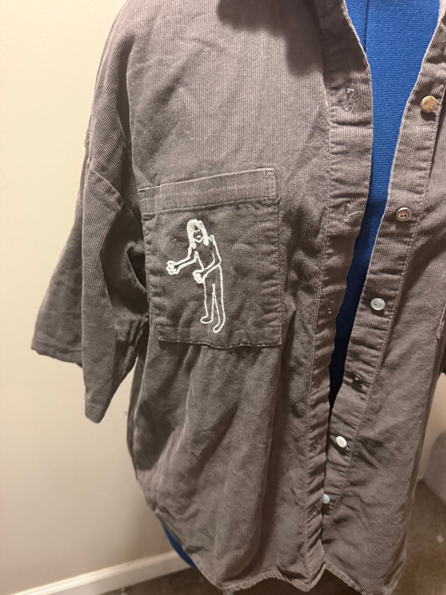 The Jersey Devil Gray Corduroy 1/2 Sleeves Button-Up Shirt - M