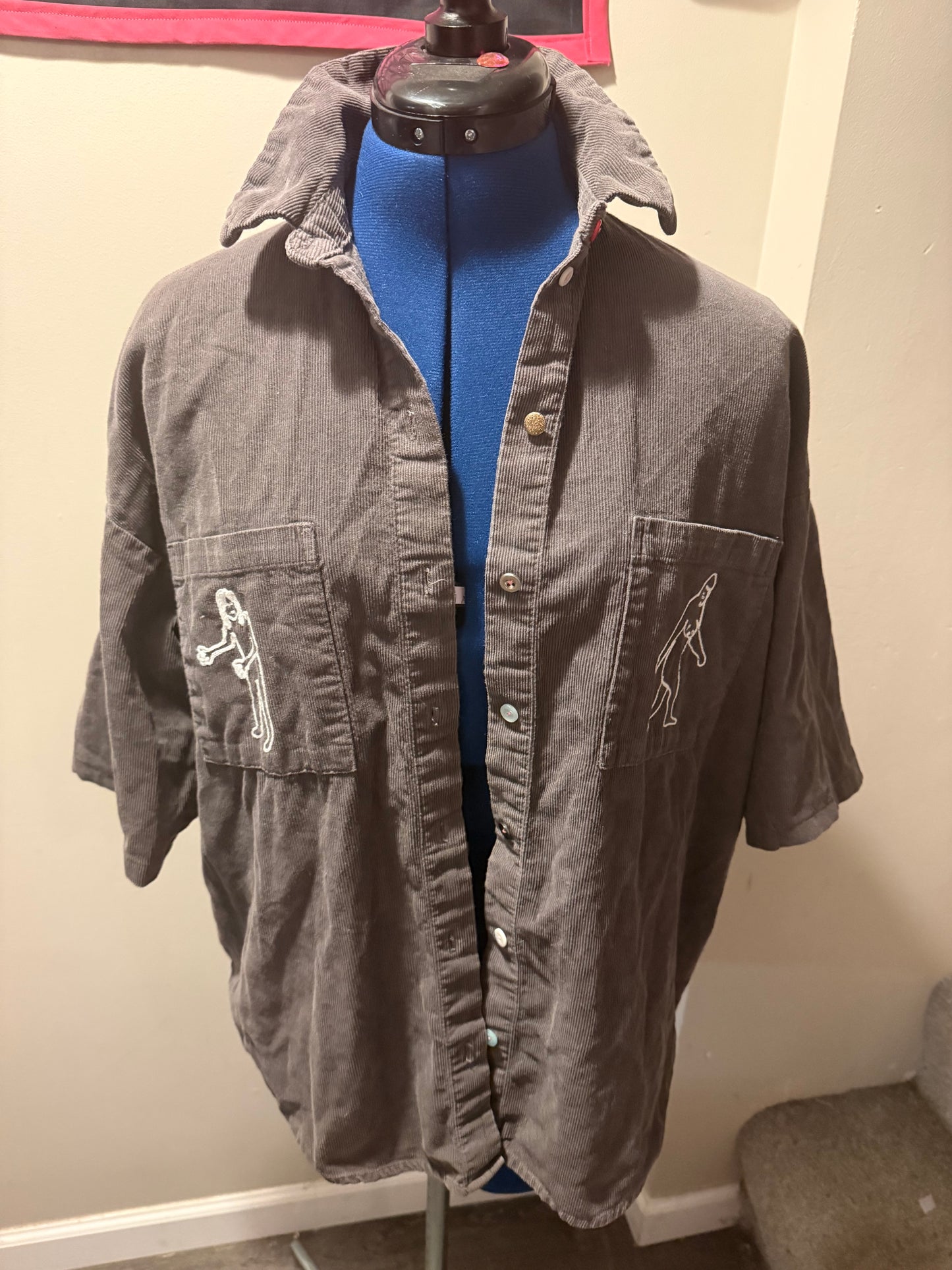 The Jersey Devil Gray Corduroy 1/2 Sleeves Button-Up Shirt - M