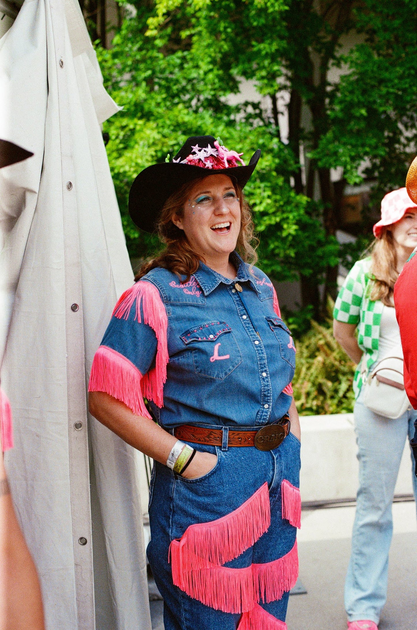 "Lusty Lady" Blue Denim + Hot Pink Fringe Denim S/S Top