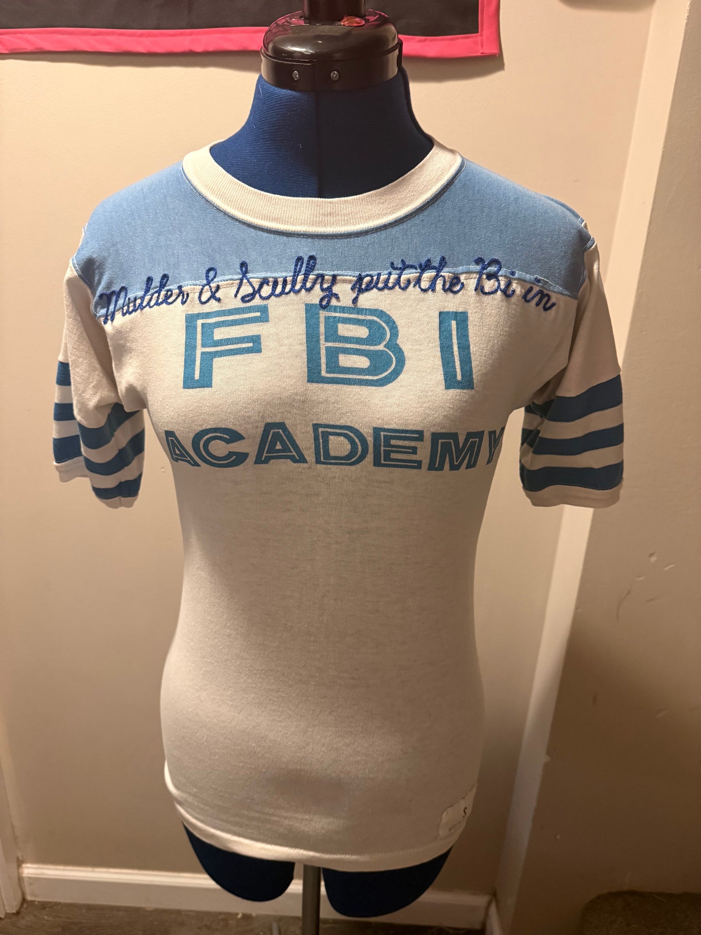 Bi in FBI Vintage White + Blue S/S Varsity Style Crewneck Tee - SM