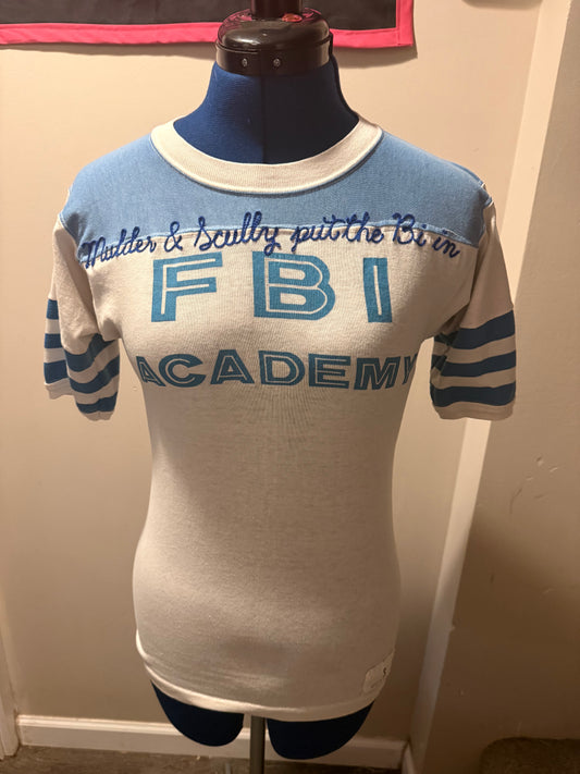 Bi in FBI Vintage White + Blue S/S Varsity Style Crewneck Tee - SM