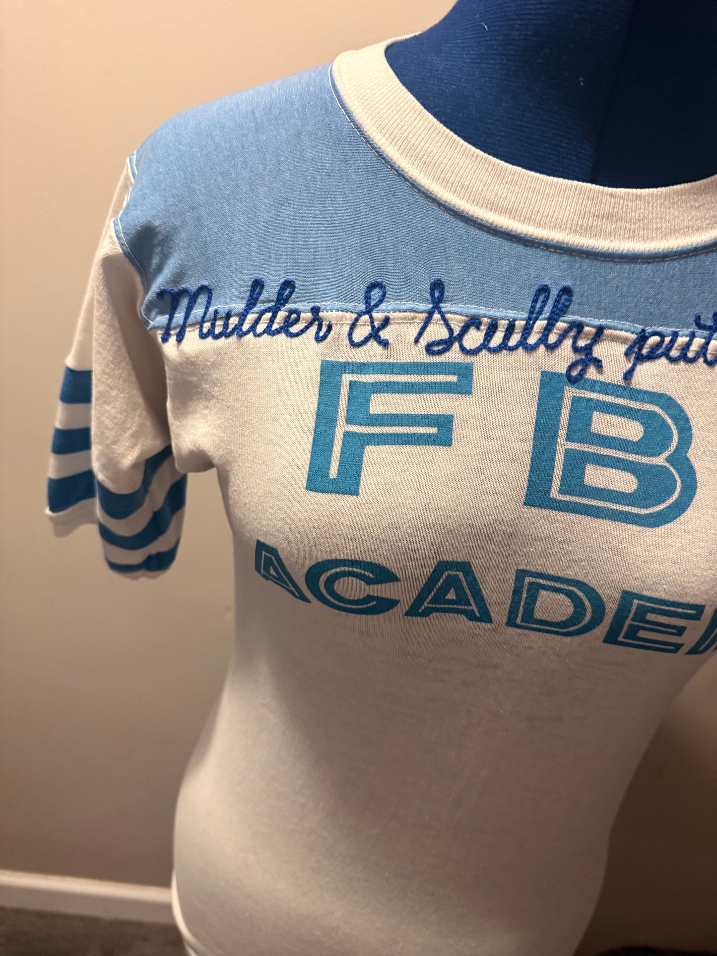Bi in FBI Vintage White + Blue S/S Varsity Style Crewneck Tee - SM