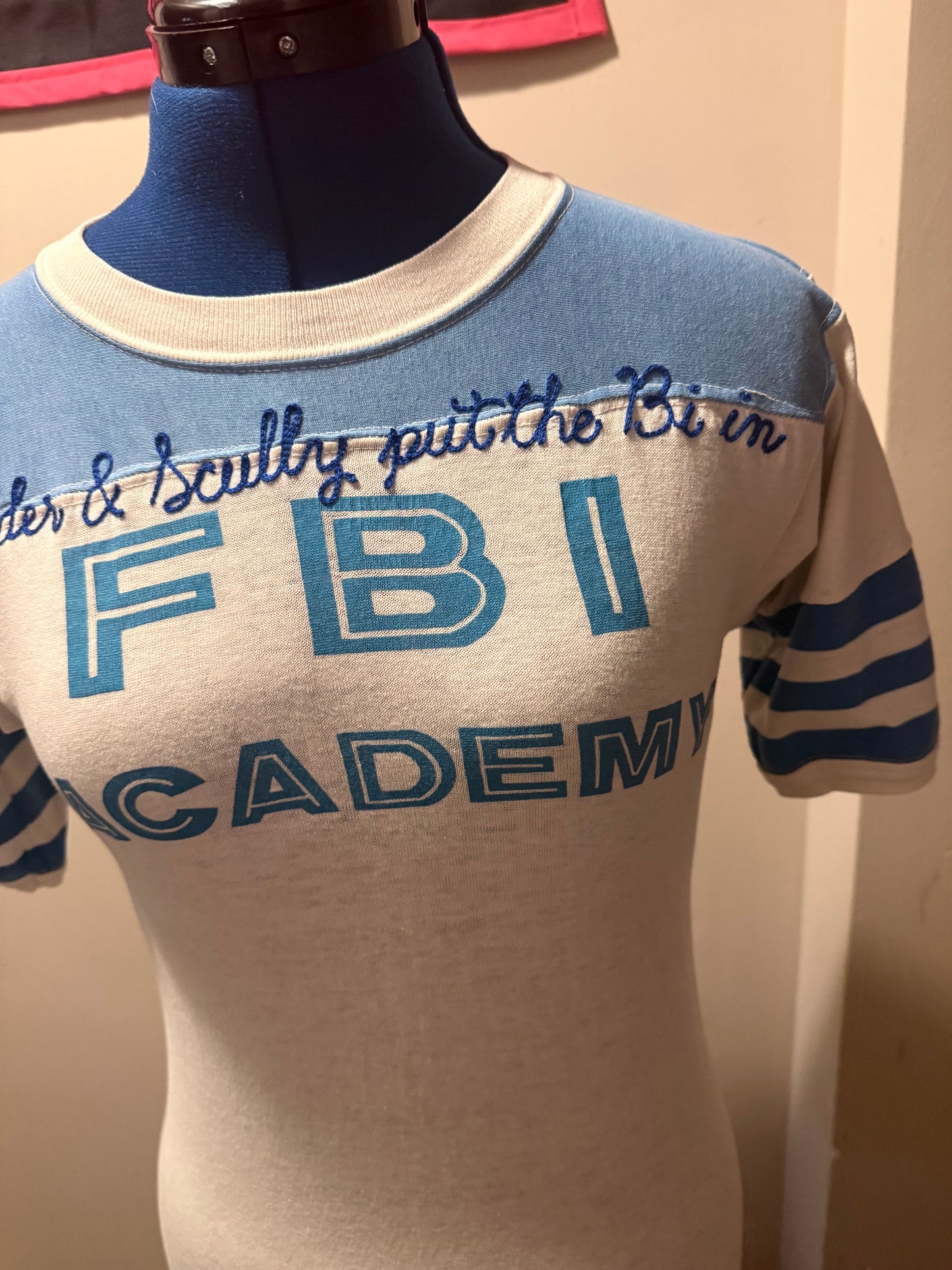 Bi in FBI Vintage White + Blue S/S Varsity Style Crewneck Tee - SM
