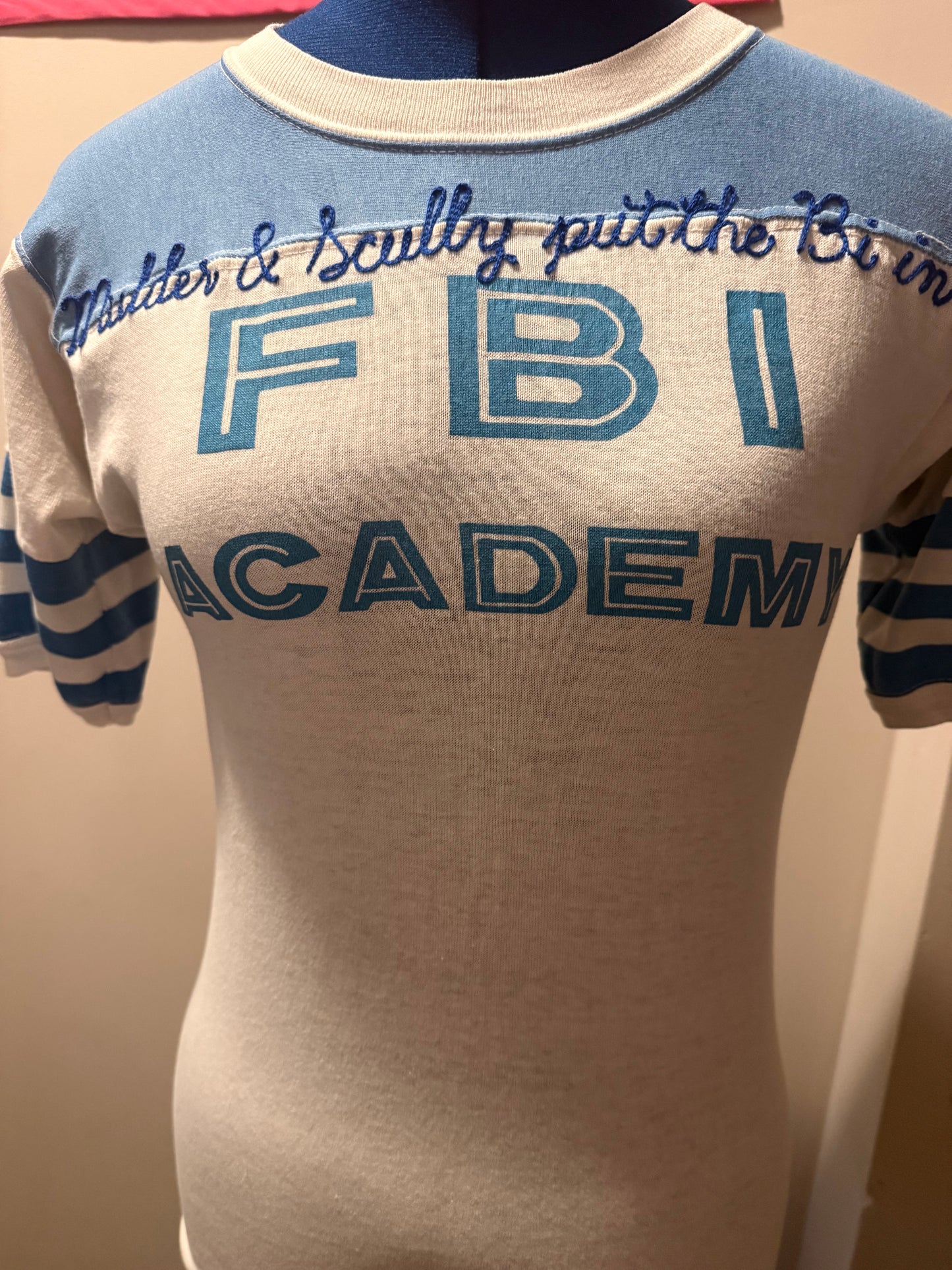 Bi in FBI Vintage White + Blue S/S Varsity Style Crewneck Tee - SM