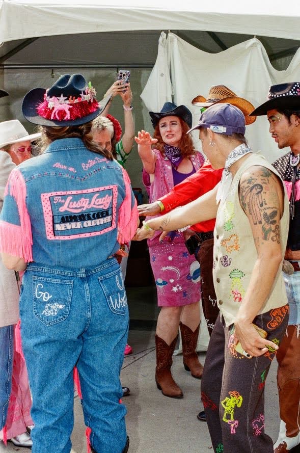 "Lusty Lady" Blue Denim + Hot Pink Fringe Denim S/S Top