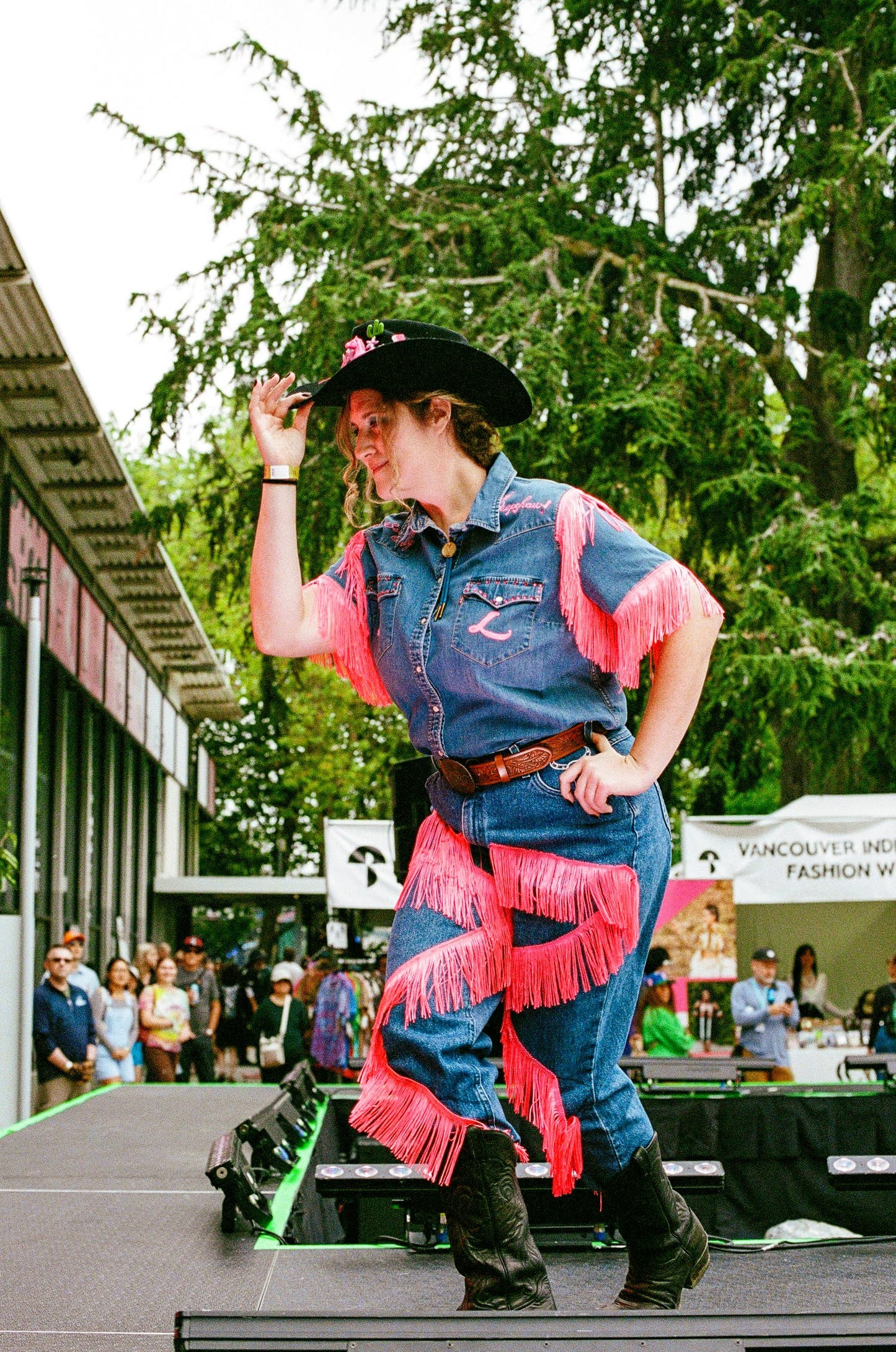 "Lusty Lady" Blue Denim + Hot Pink Fringe Denim S/S Top