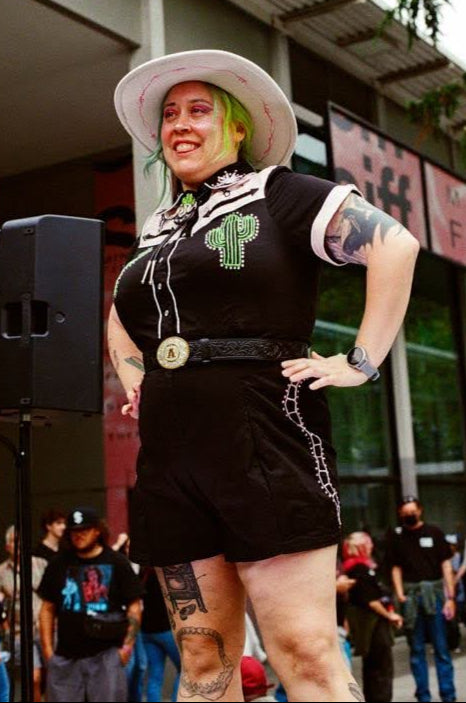 Do No Harm, Take No Shit Rodeo-Ready Pink + Black Gentle Bull Chainstitched Shorts Romper