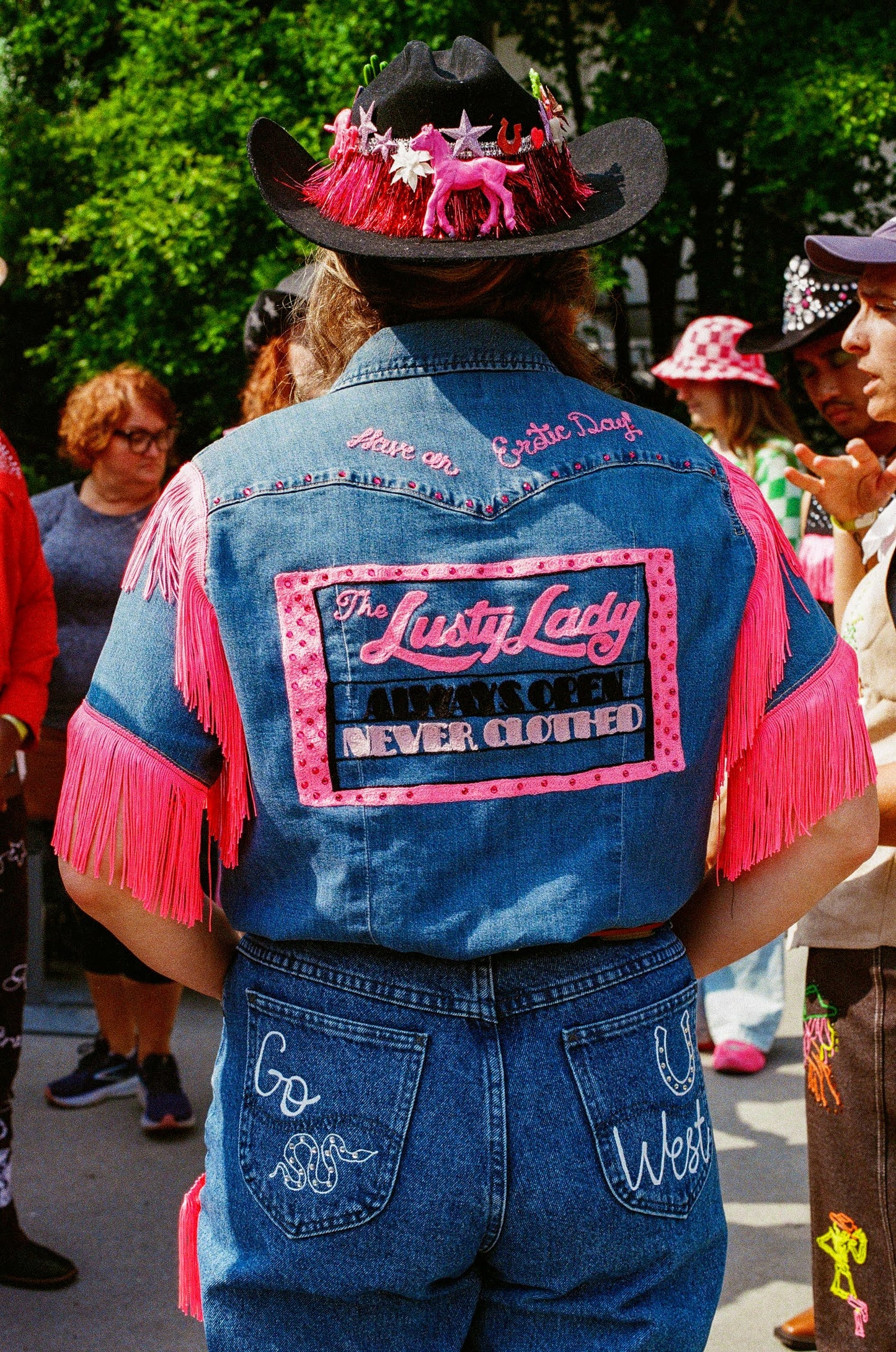 "Lusty Lady" Blue Denim + Hot Pink Fringe Denim S/S Top