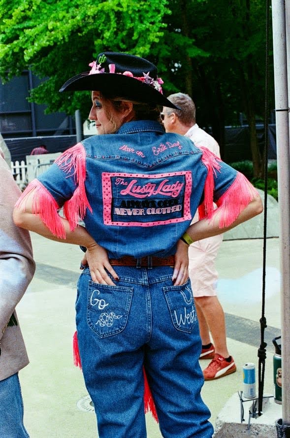 "Lusty Lady" Blue Denim + Hot Pink Fringe Denim S/S Top