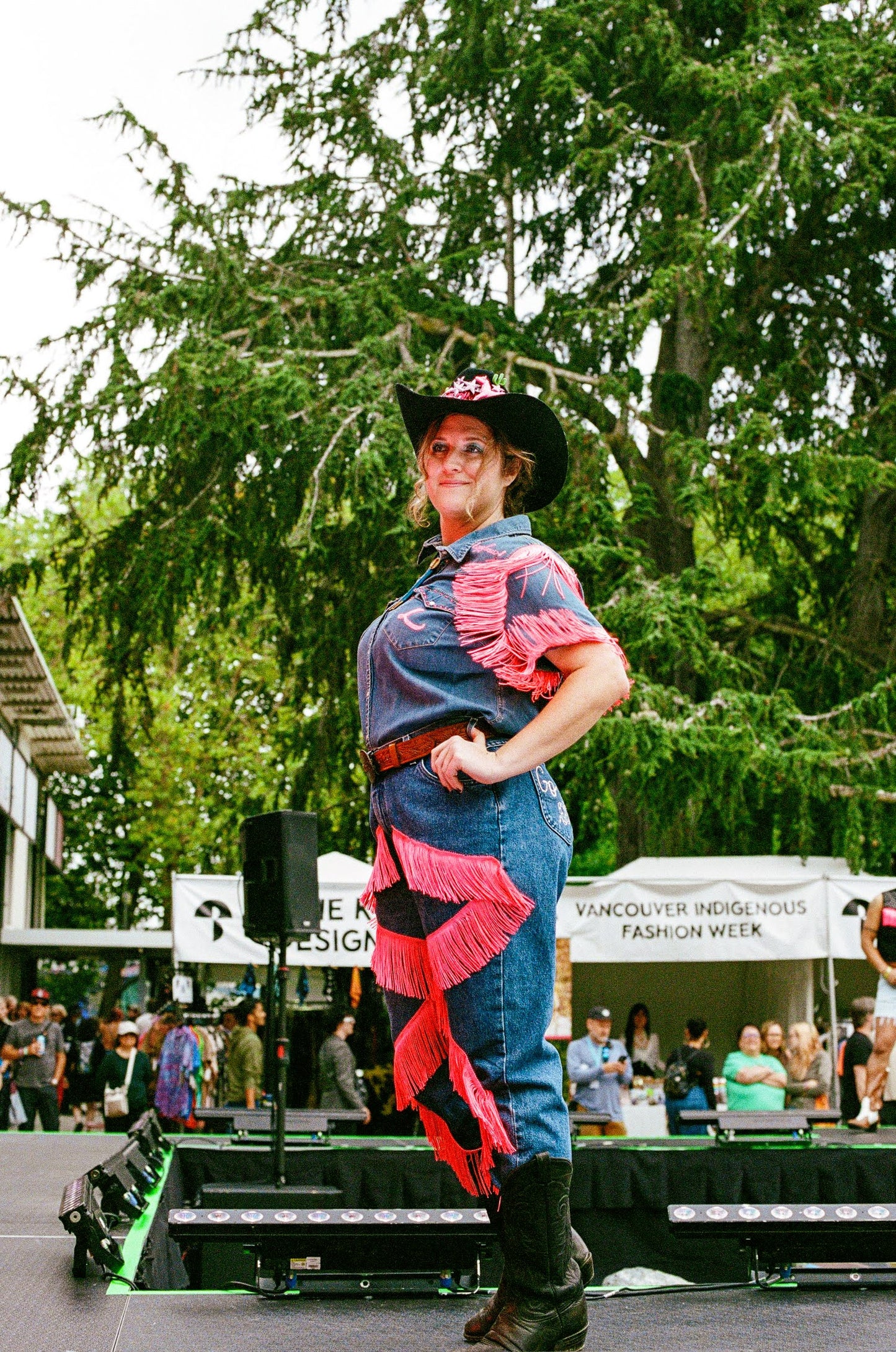 "Lusty Lady" Blue Denim + Hot Pink Fringe Denim S/S Top