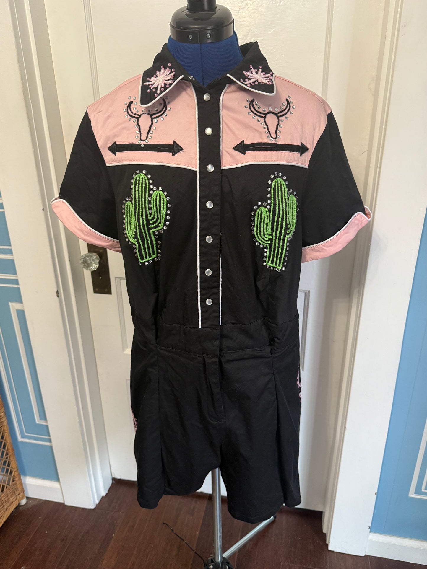 Do No Harm, Take No Shit Rodeo-Ready Pink + Black Gentle Bull Chainstitched Shorts Romper