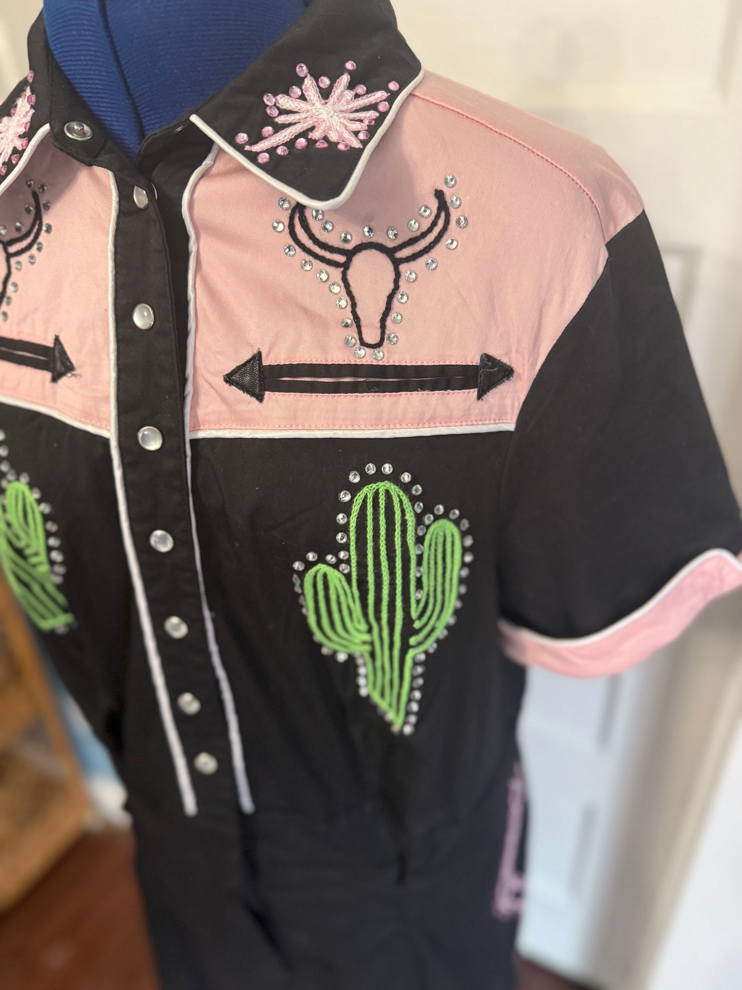 Do No Harm, Take No Shit Rodeo-Ready Pink + Black Gentle Bull Chainstitched Shorts Romper