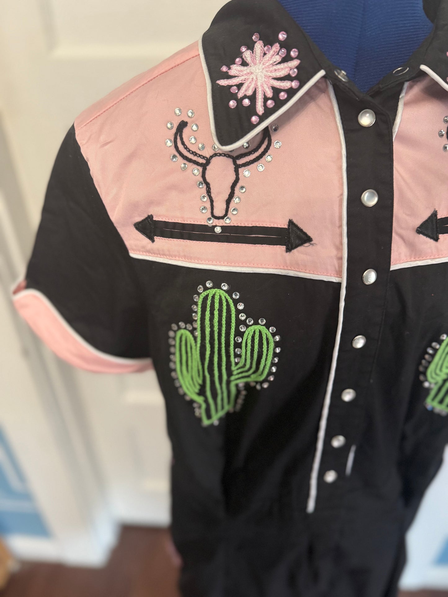 Do No Harm, Take No Shit Rodeo-Ready Pink + Black Gentle Bull Chainstitched Shorts Romper