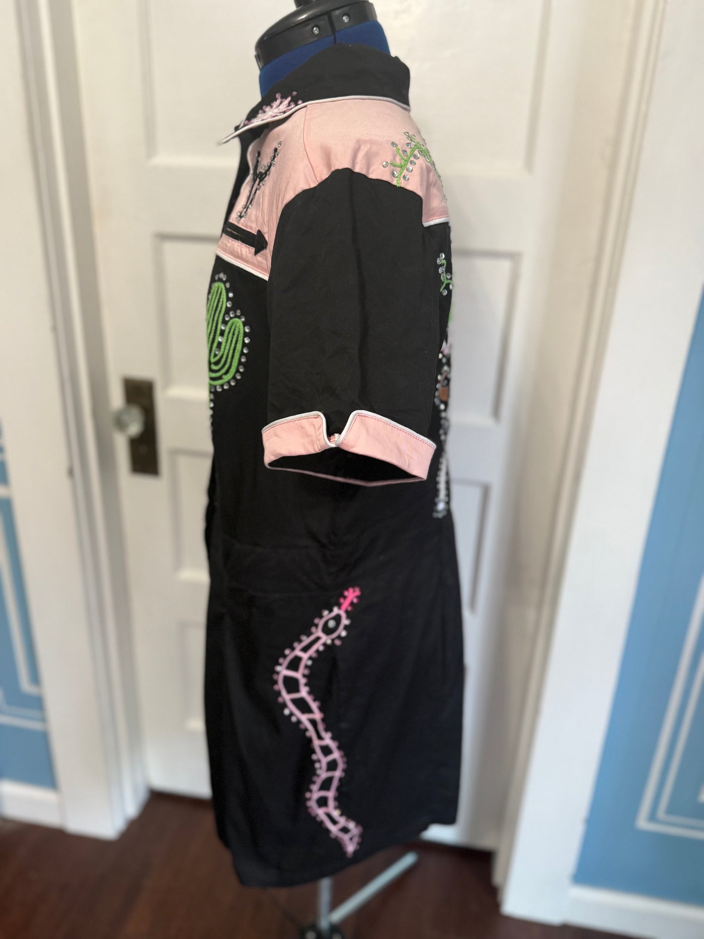 Do No Harm, Take No Shit Rodeo-Ready Pink + Black Gentle Bull Chainstitched Shorts Romper