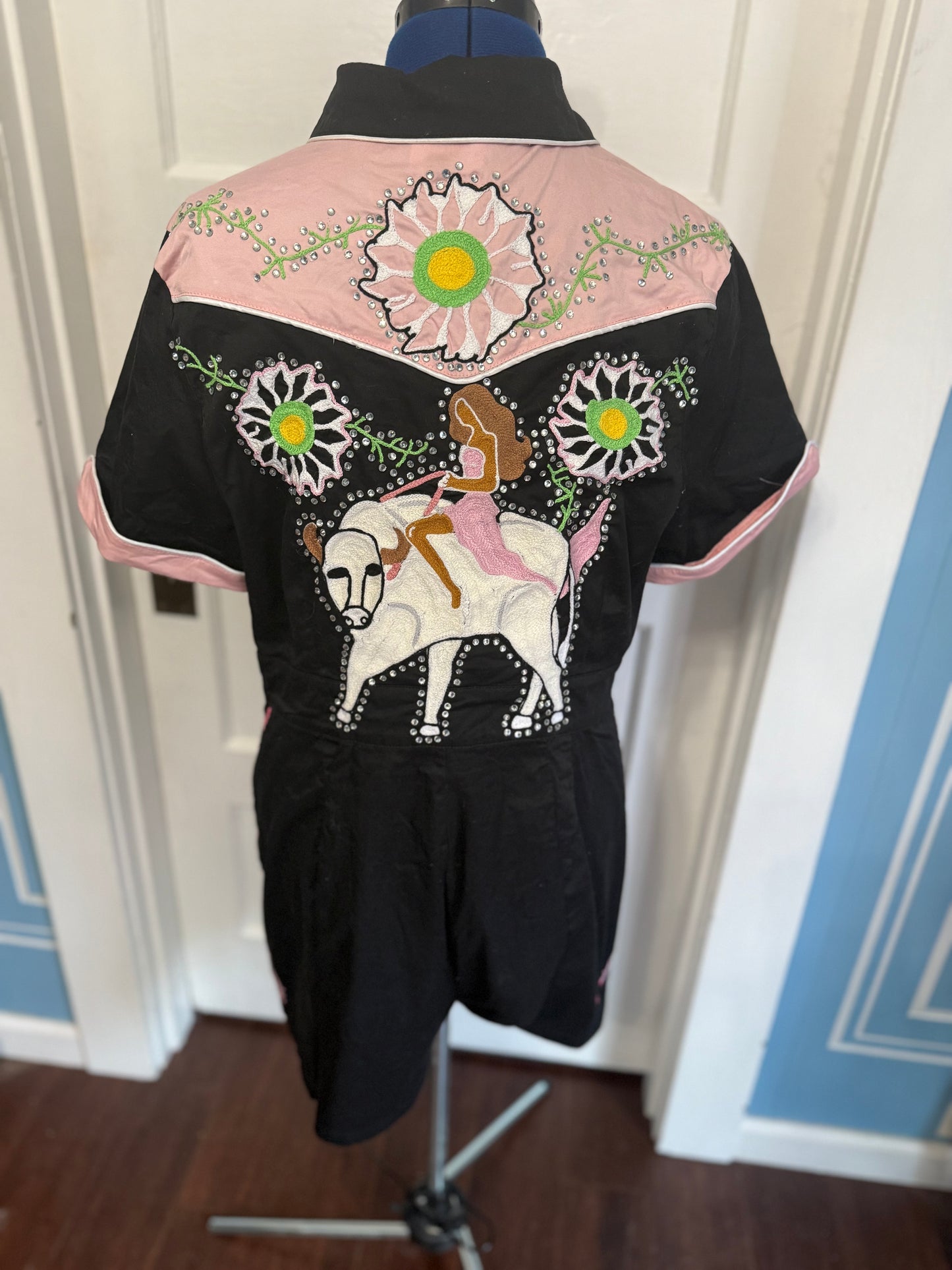 Do No Harm, Take No Shit Rodeo-Ready Pink + Black Gentle Bull Chainstitched Shorts Romper