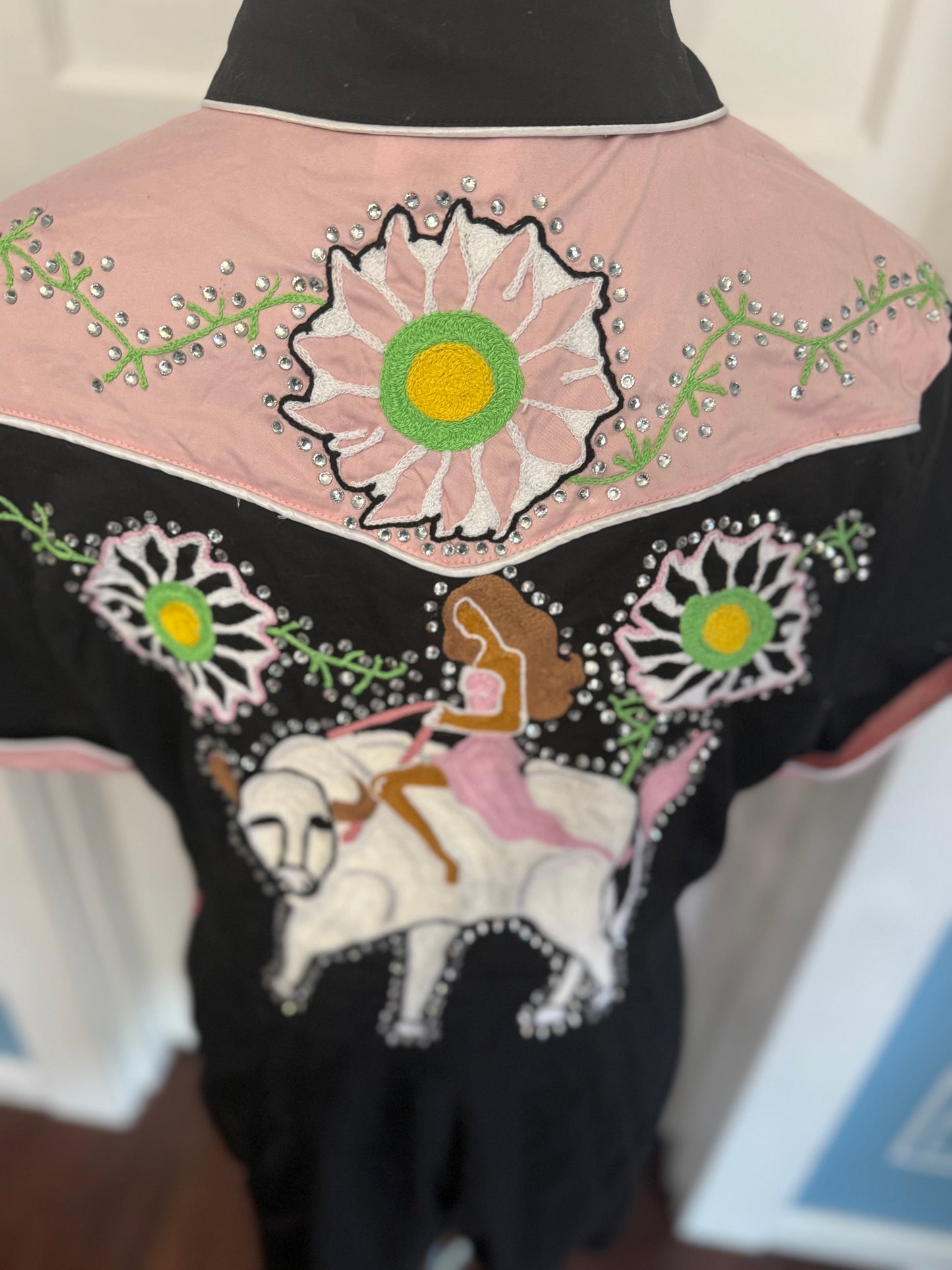 Do No Harm, Take No Shit Rodeo-Ready Pink + Black Gentle Bull Chainstitched Shorts Romper