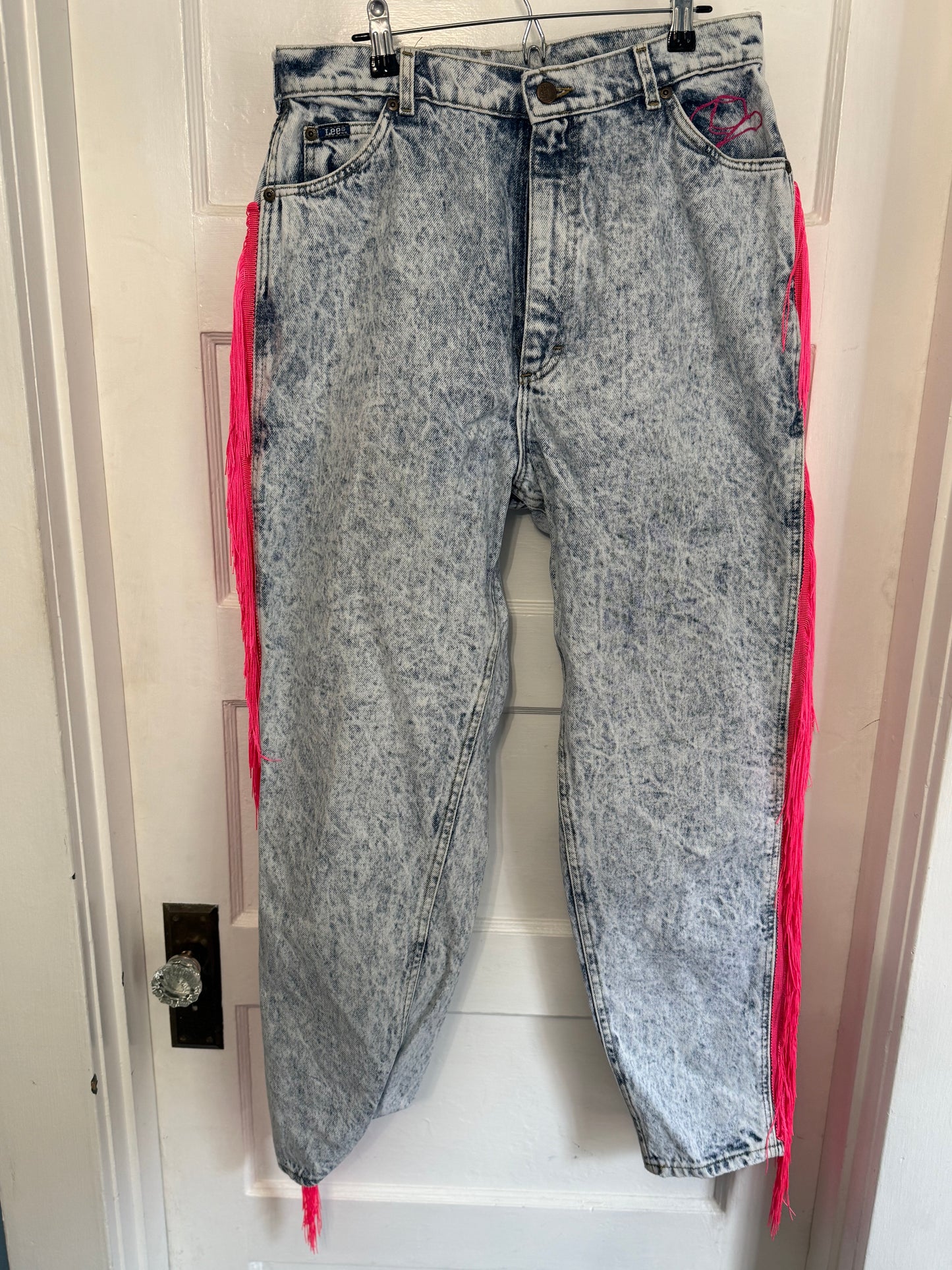 Have Love, Will Travel Vintage Acid Wash Denim Chainstitched + Fringe Jeans