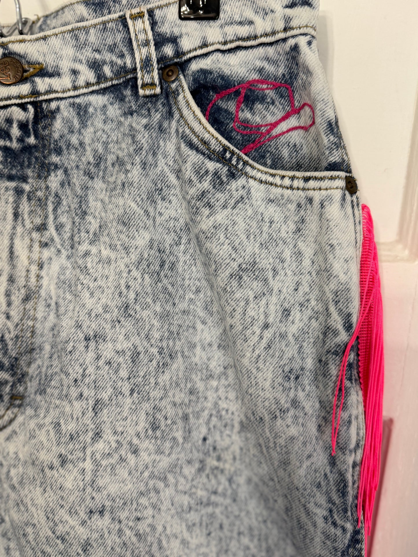 Have Love, Will Travel Vintage Acid Wash Denim Chainstitched + Fringe Jeans
