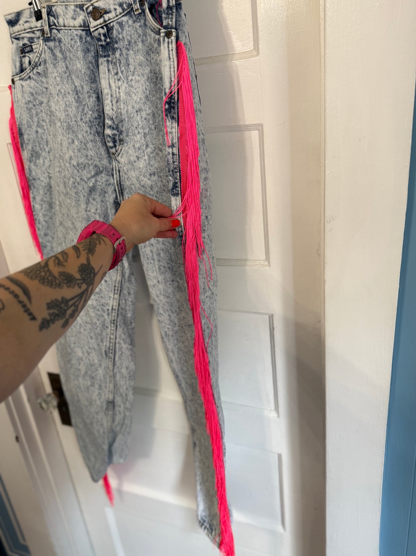 Have Love, Will Travel Vintage Acid Wash Denim Chainstitched + Fringe Jeans