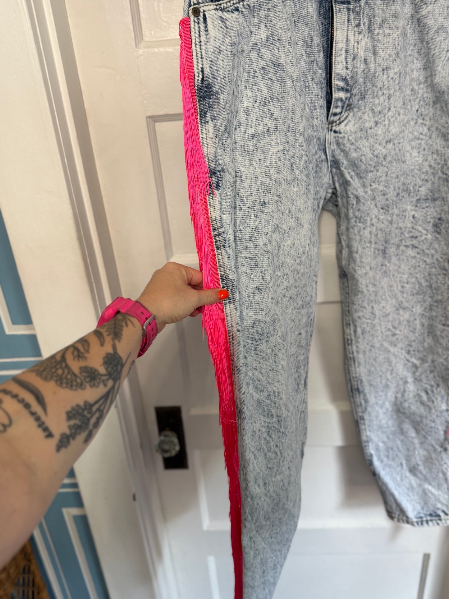 Have Love, Will Travel Vintage Acid Wash Denim Chainstitched + Fringe Jeans