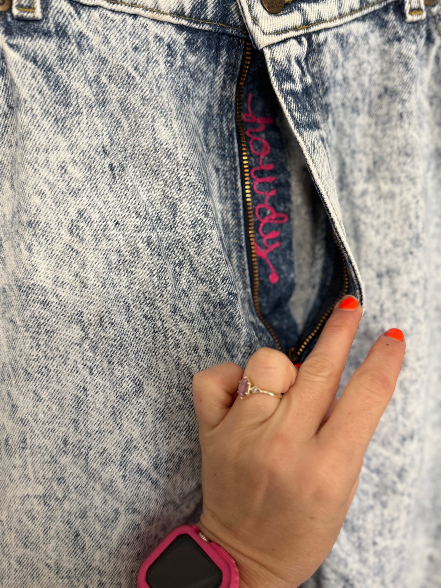 Have Love, Will Travel Vintage Acid Wash Denim Chainstitched + Fringe Jeans