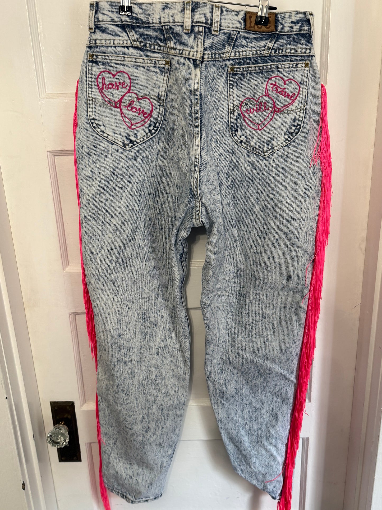 Have Love, Will Travel Vintage Acid Wash Denim Chainstitched + Fringe Jeans