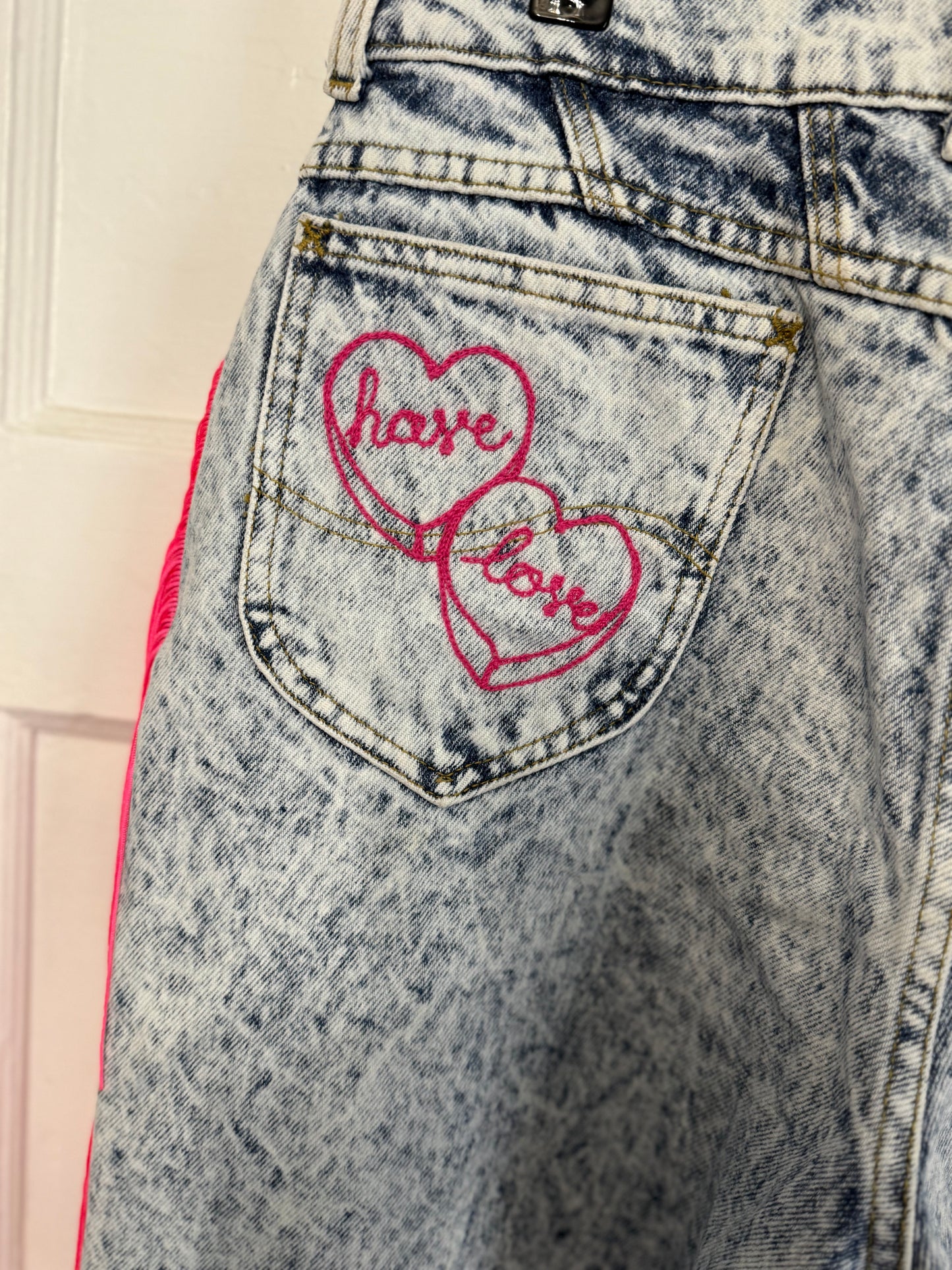 Have Love, Will Travel Vintage Acid Wash Denim Chainstitched + Fringe Jeans