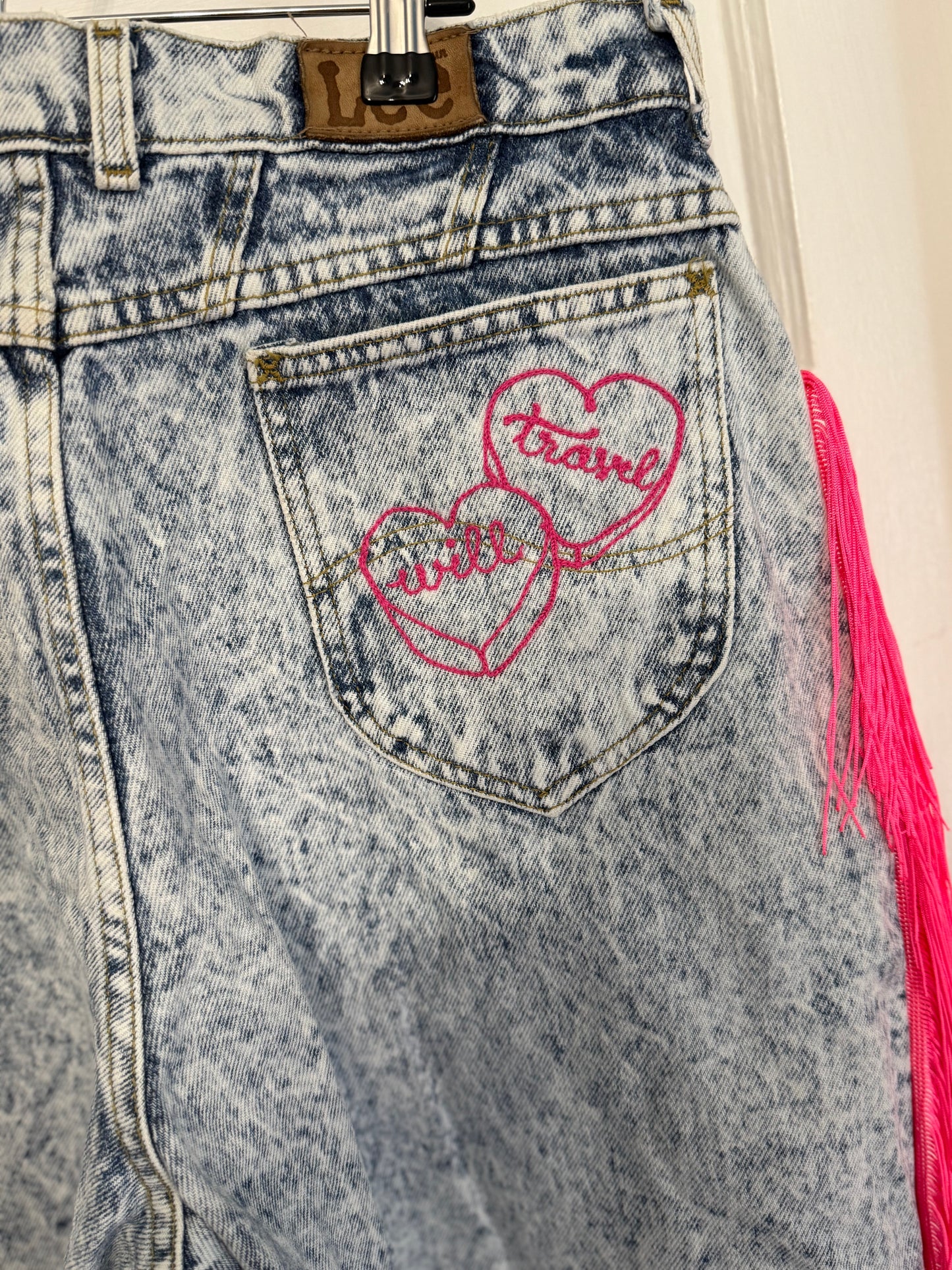 Have Love, Will Travel Vintage Acid Wash Denim Chainstitched + Fringe Jeans