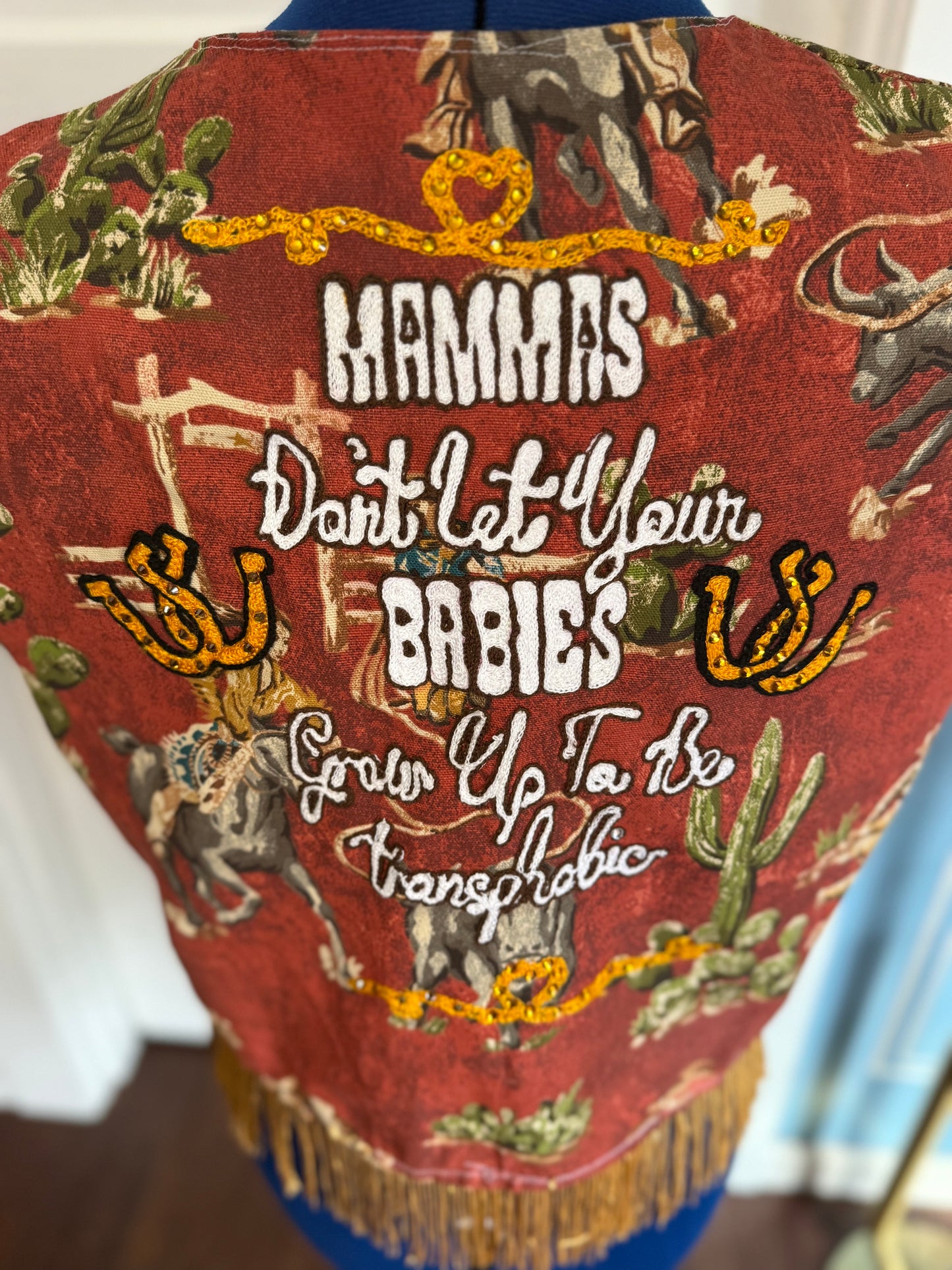 Mammas Don't Let Your Babies Grow Up to be Transphobic Handmade Western Front Tie Vest