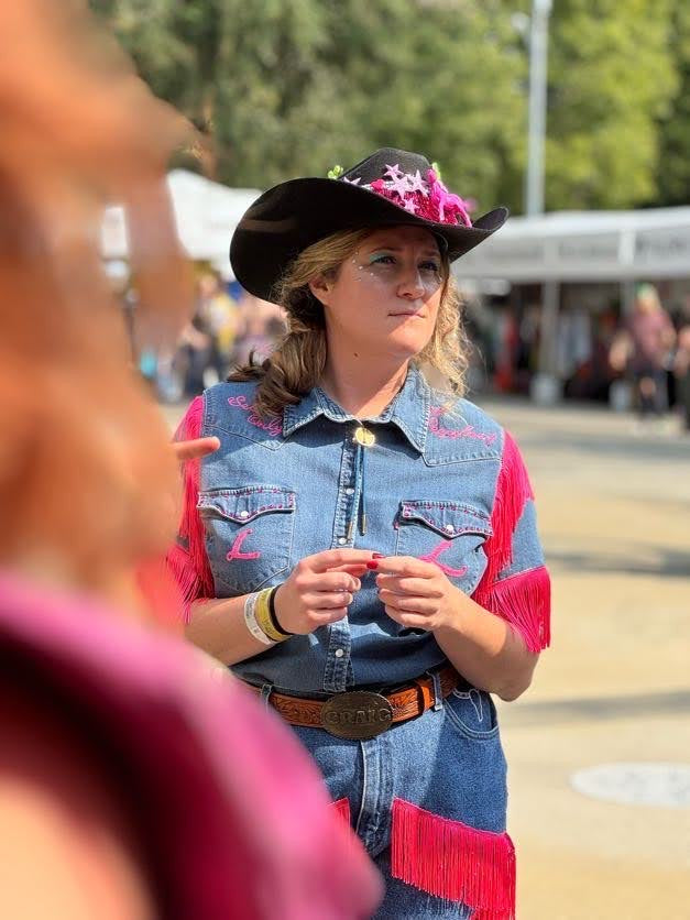 "Lusty Lady" Blue Denim + Hot Pink Fringe Denim S/S Top