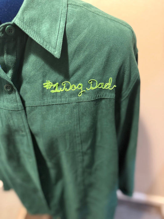"#1 Dog Dad" on Vintage Green Faux Suede Collared L/S Button-Up Shirt