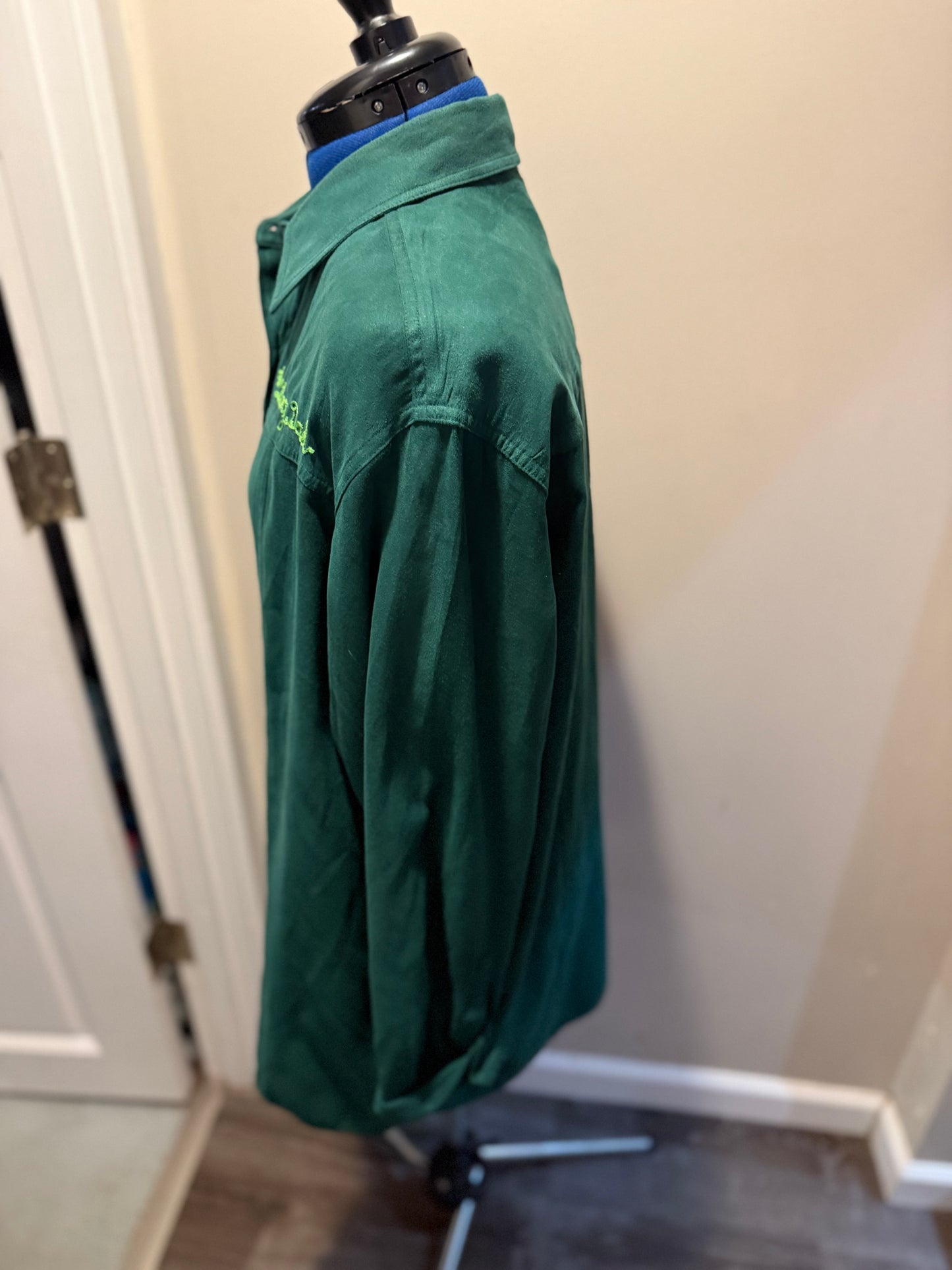 "#1 Dog Dad" on Vintage Green Faux Suede Collared L/S Button-Up Shirt